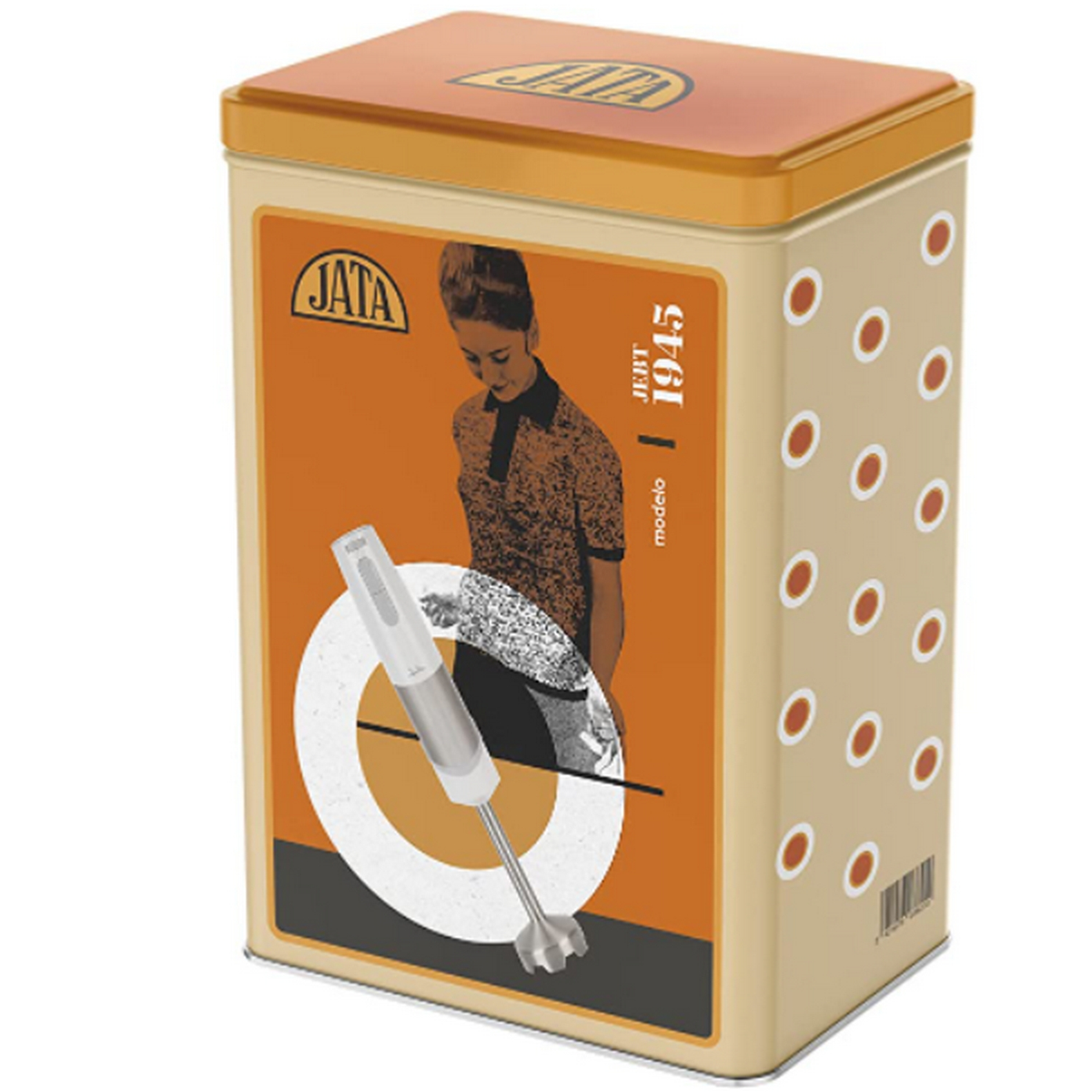 Lata Jata beige con imagen vintage de una mujer usando una batidora de mano.