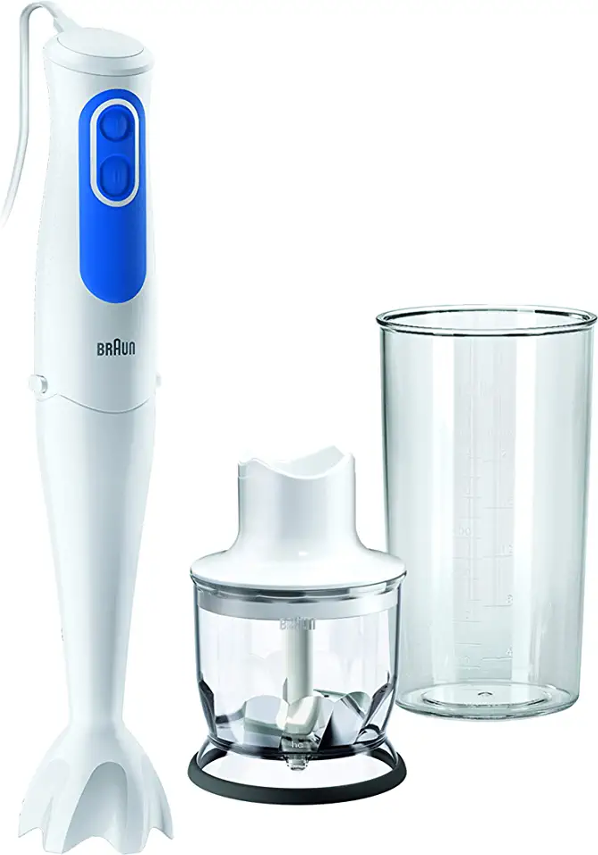 Weißer und blauer Braun Stabmixer mit Zerkleinerer und Mixbecher.