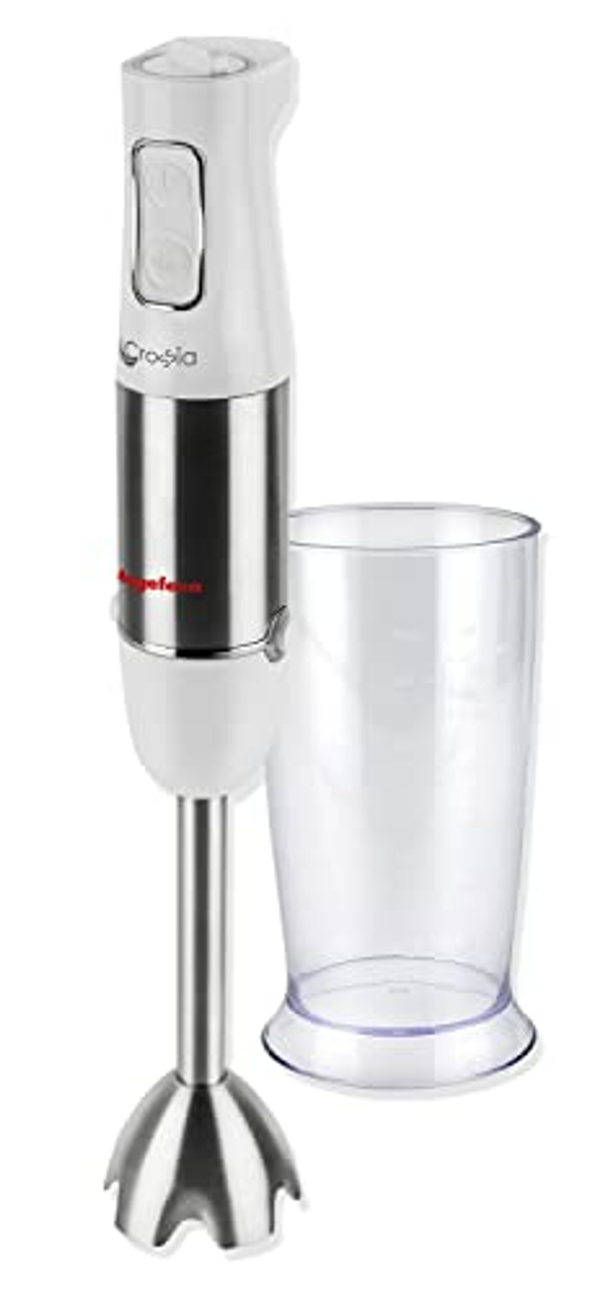 Batidora de mano blanca y plateada con un vaso de plástico transparente.