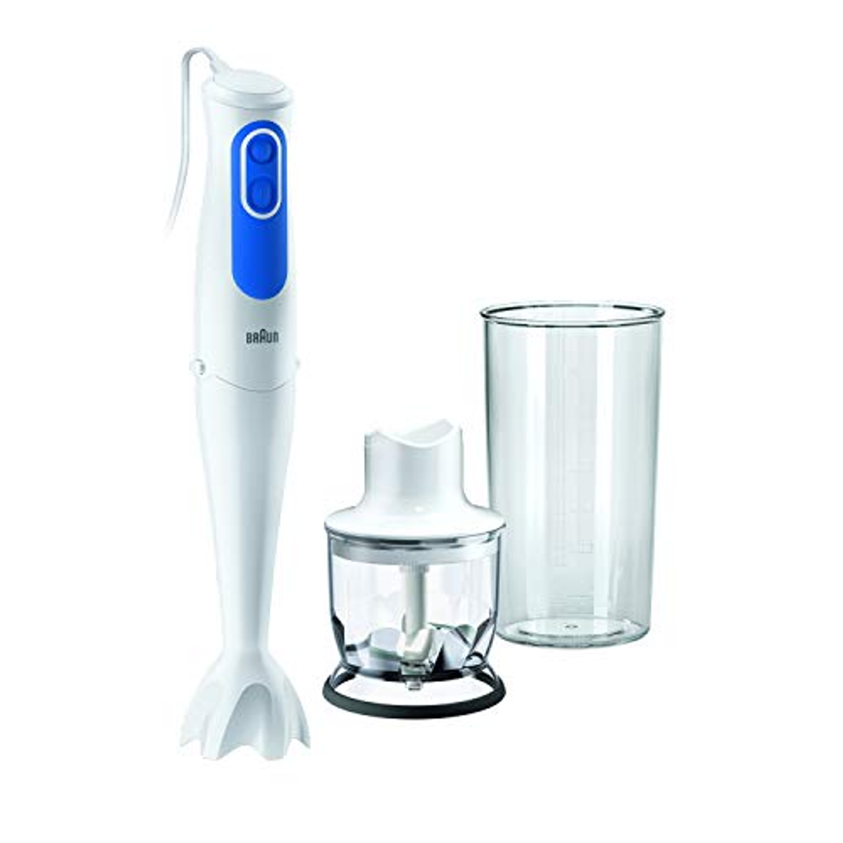 Ein weißer und blauer Handmixer mit Behälter und Zerkleinerer.