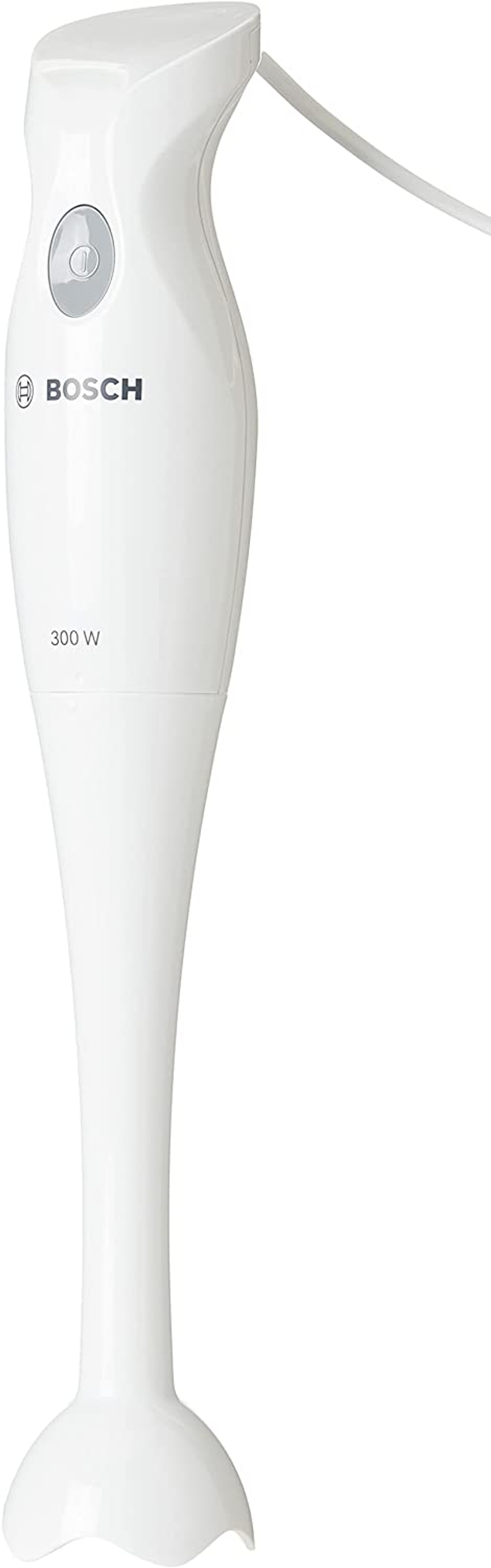 Frullatore a immersione bianco dal design semplice. Ha un solo pulsante e il marchio è BOSCH.