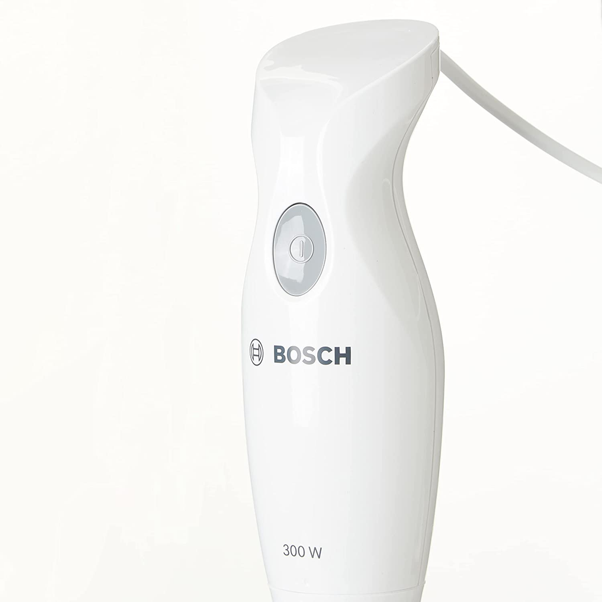 Frullatore a immersione Bosch bianco con un solo pulsante.