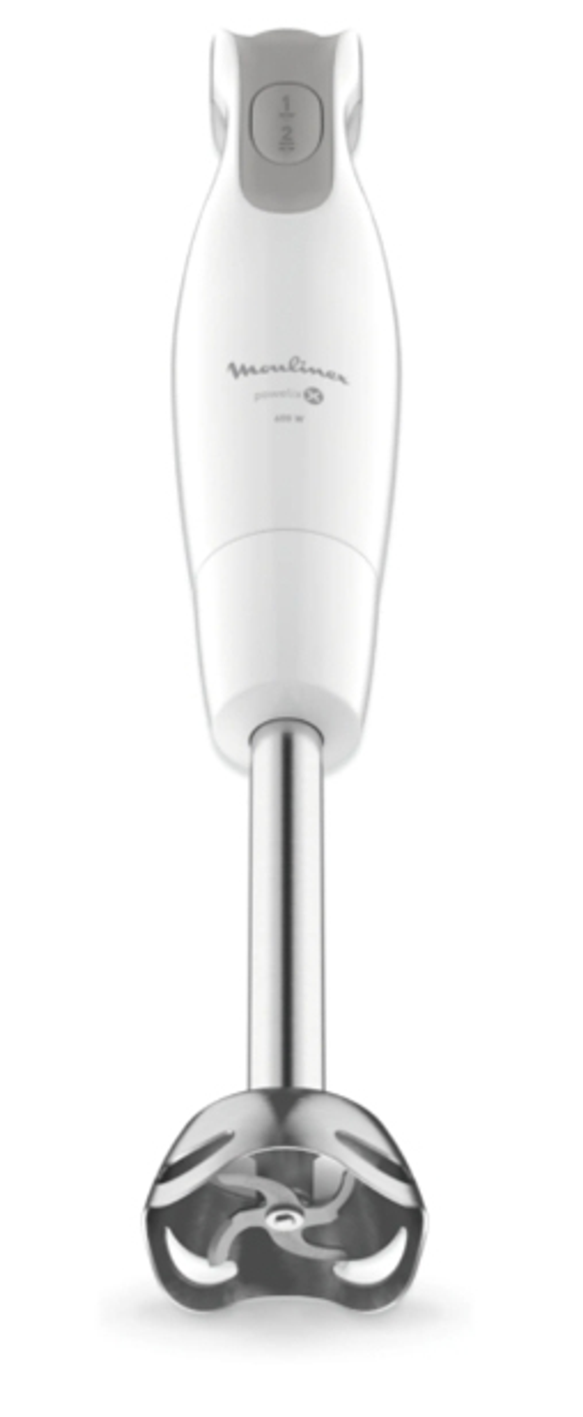 Frullatore a immersione Moulinex bianco isolato su bianco.
