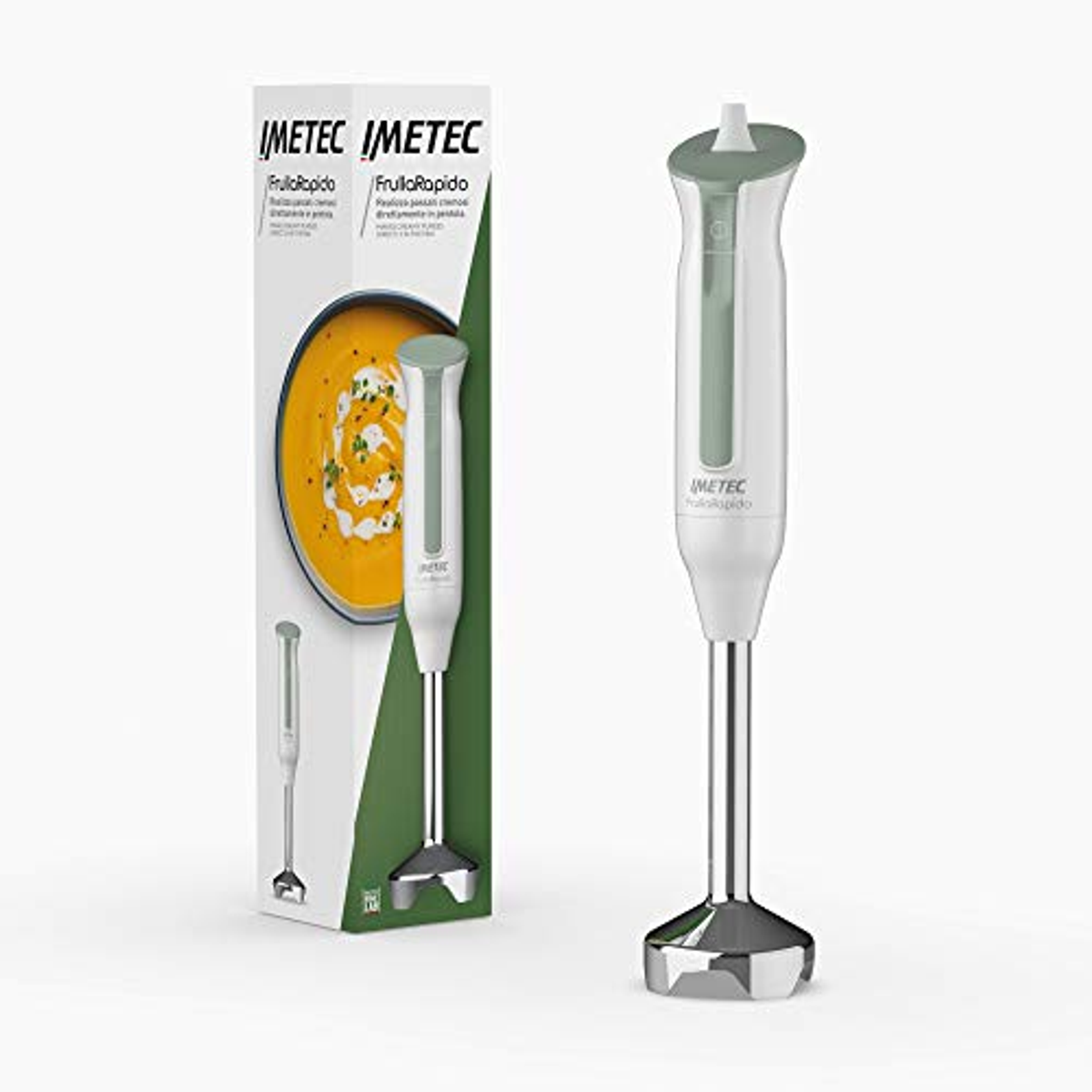 Frullatore a immersione bianco e verde con confezione. La confezione mostra una ciotola di zuppa e il frullatore.