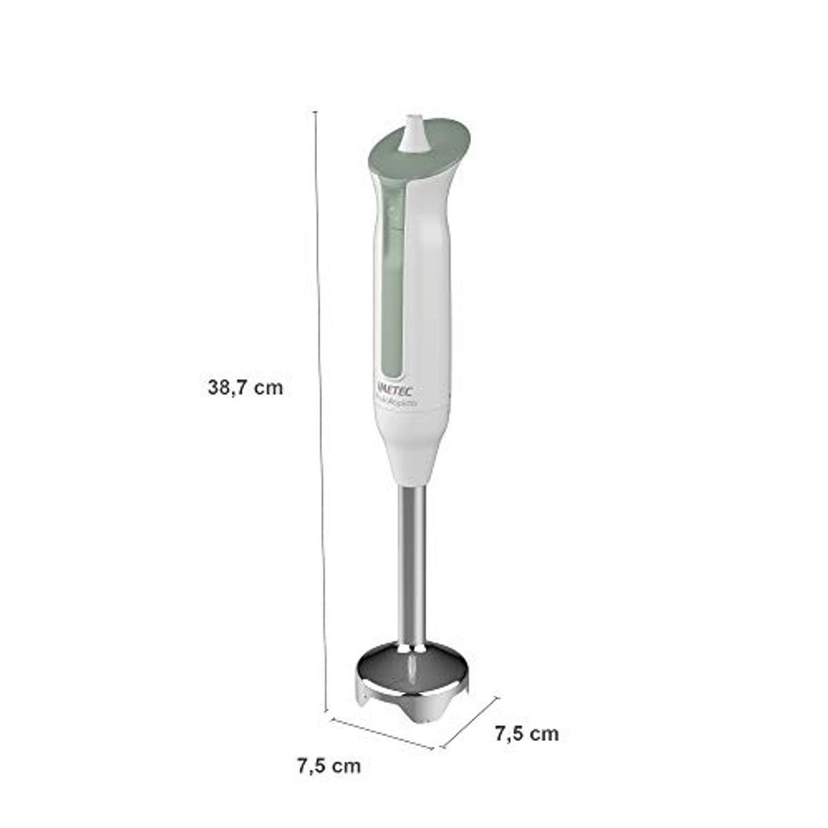 Un frullatore a immersione bianco e verde con dimensioni etichettate. Una lama in basso.