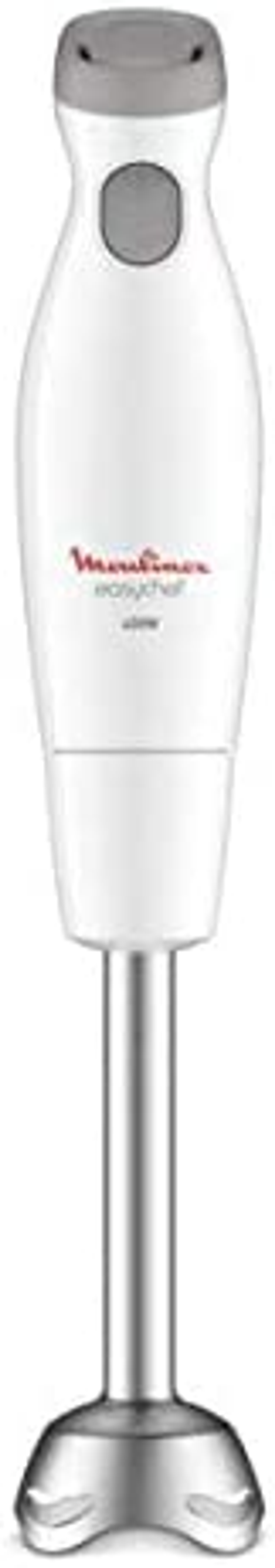 Witte en zilveren Moulinex staafmixer. Het heeft een grijze knop bovenop en een metalen schacht.