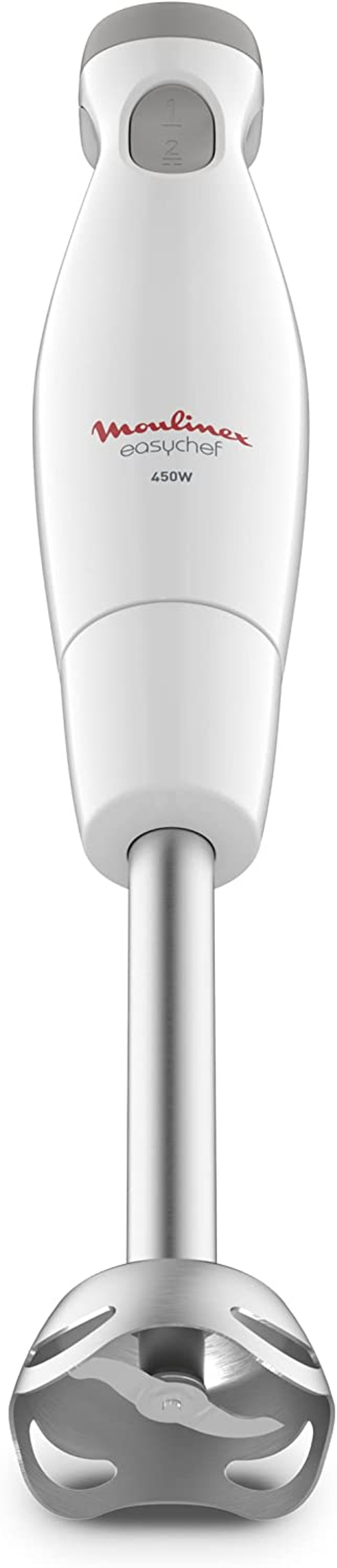 Witte staafmixer met twee knoppen, merknaam is Moulinex easy chef.