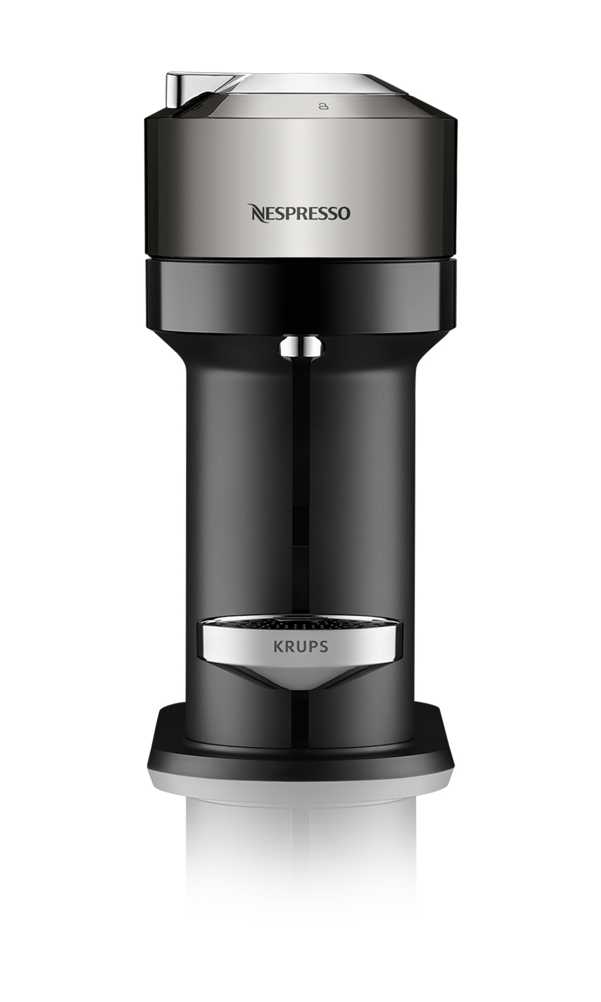Czarny i srebrny ekspres do kawy Nespresso z widoczną marką. Białe tło.