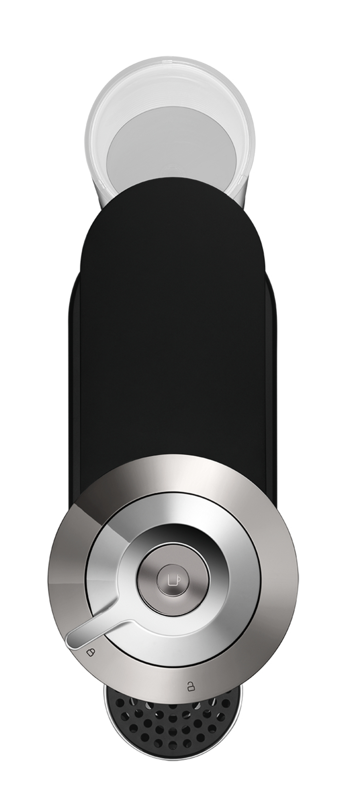 Widok z góry na czarny ekspres do espresso. Ma srebrny wierzch z dźwignią i małym otworem na filiżankę.