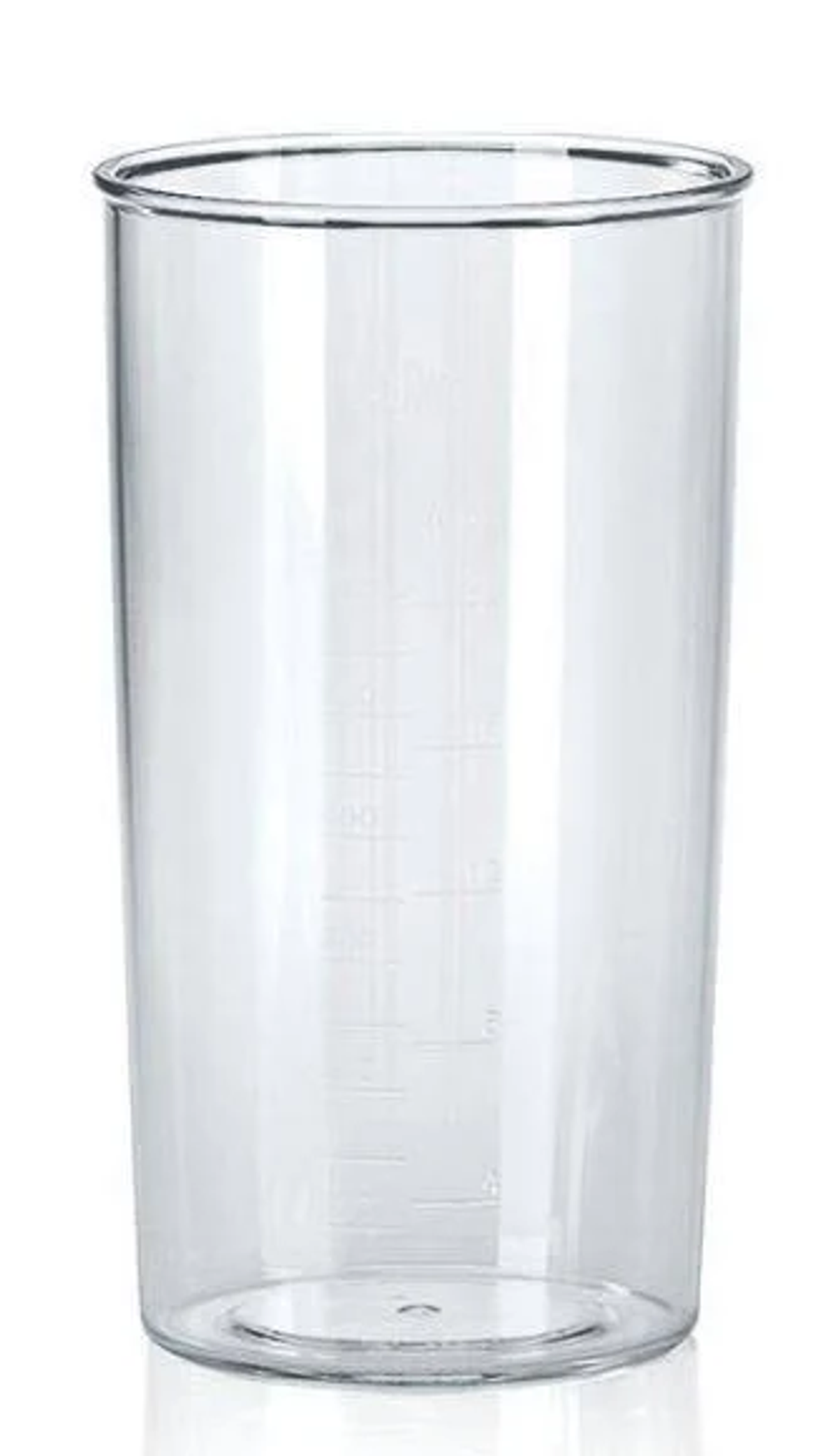 Tazza di miscelazione in plastica trasparente con segni di misurazione.