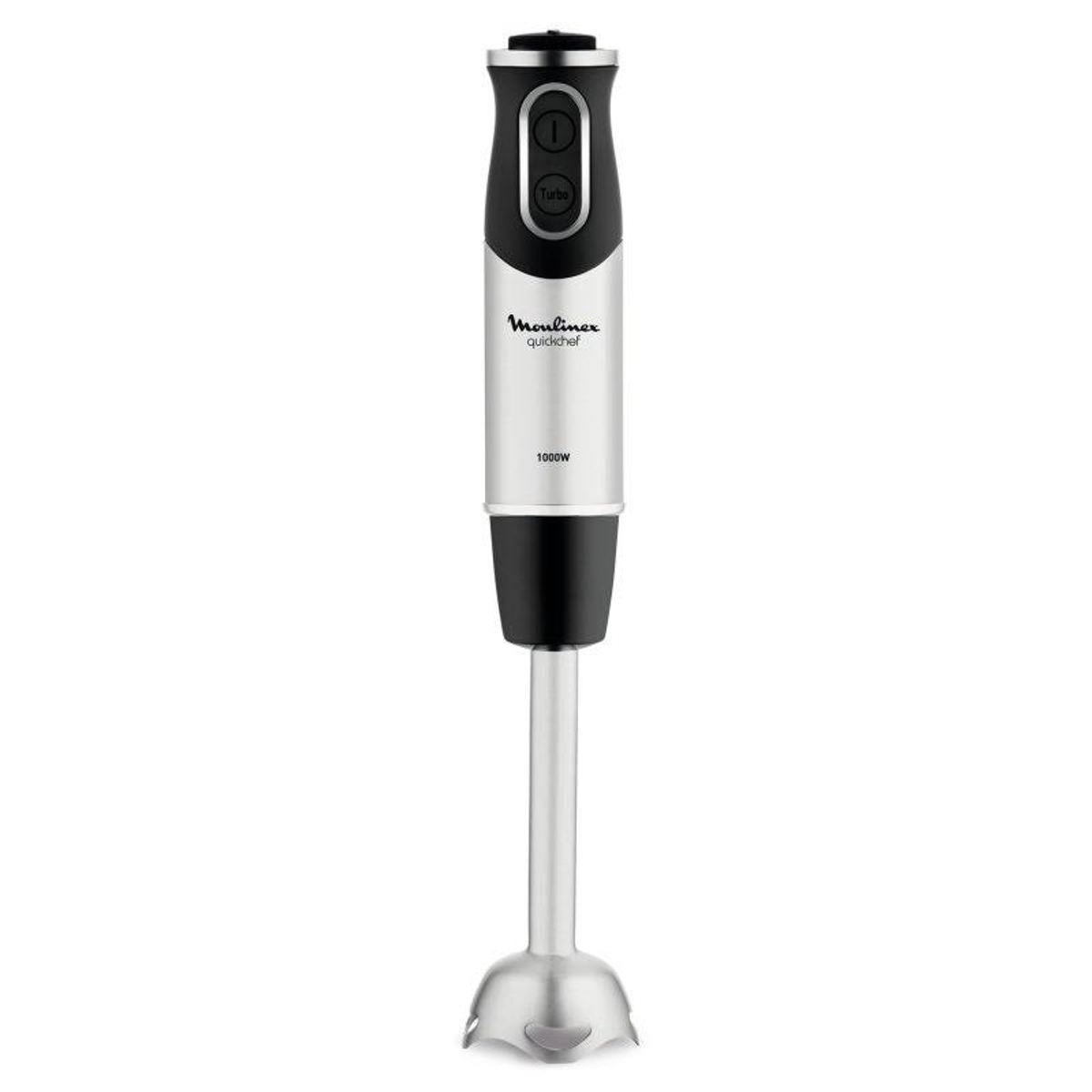 Srebrny blender ręczny z czarnymi akcentami. Przycisk Turbo na górze, nazwa marki z przodu.