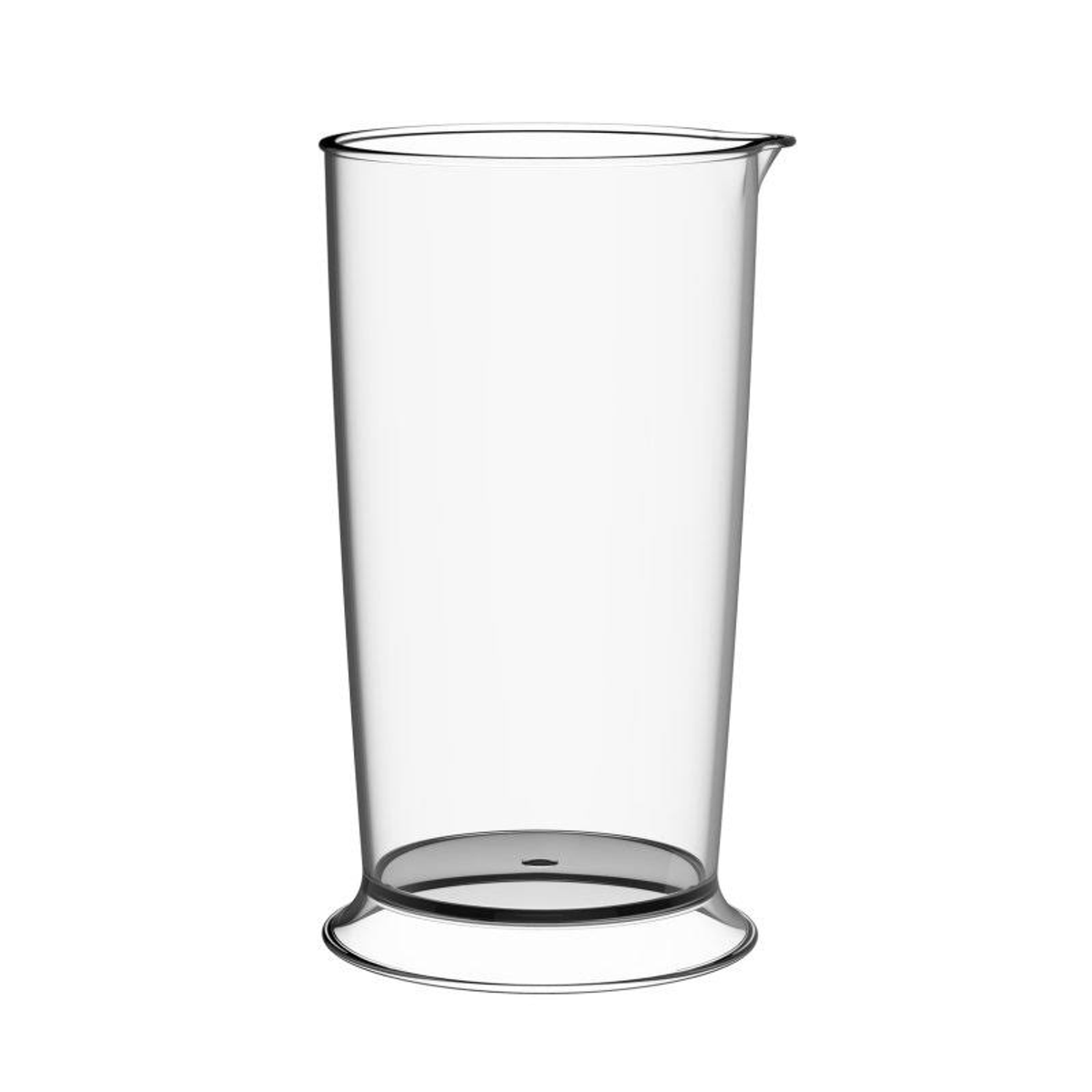 Przezroczysty, wysoki plastikowy zlew z szeroką podstawą i wylewką. Jest pusty i na białym tle.