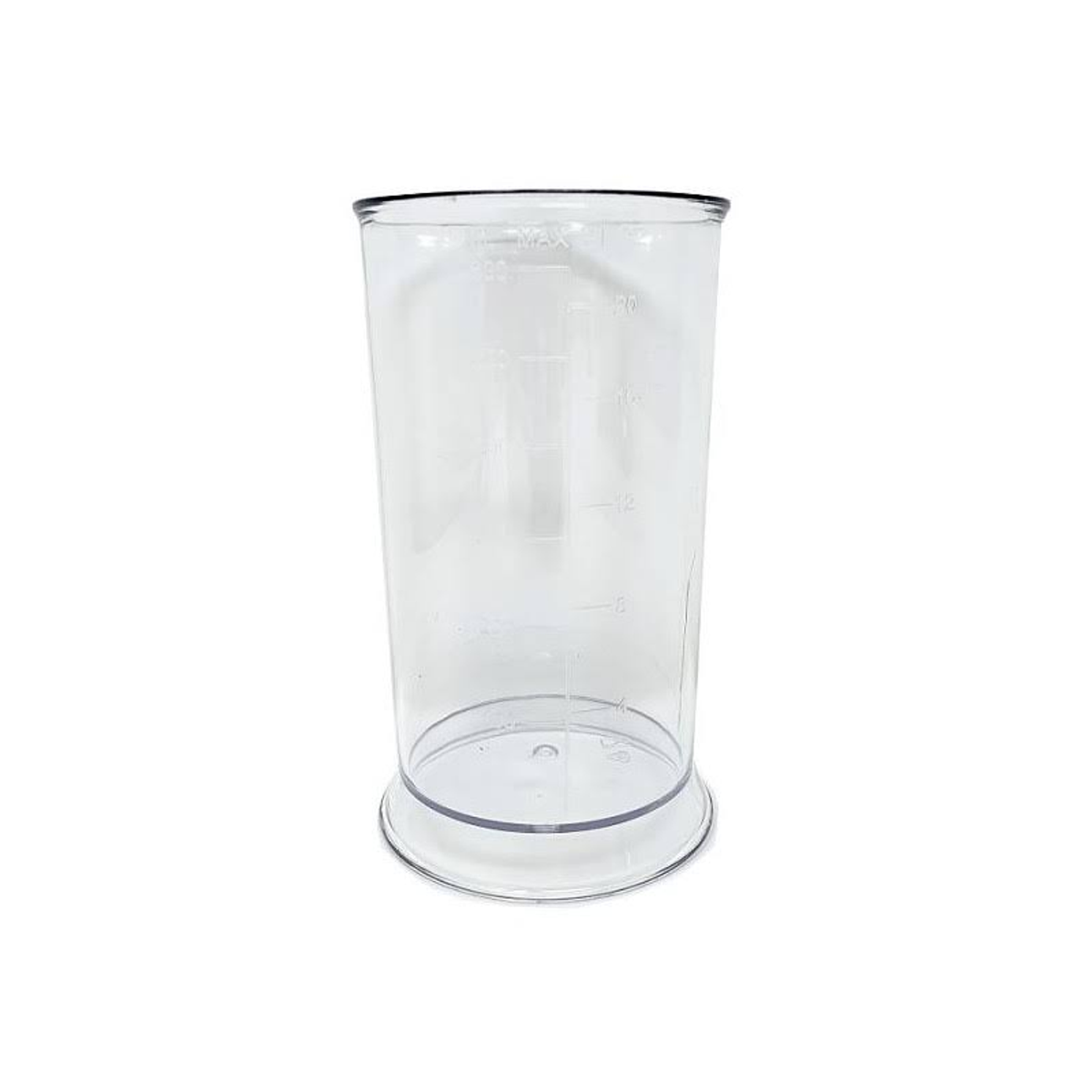 Vaso de plástico transparente con marcas de medición, aislado sobre fondo blanco.