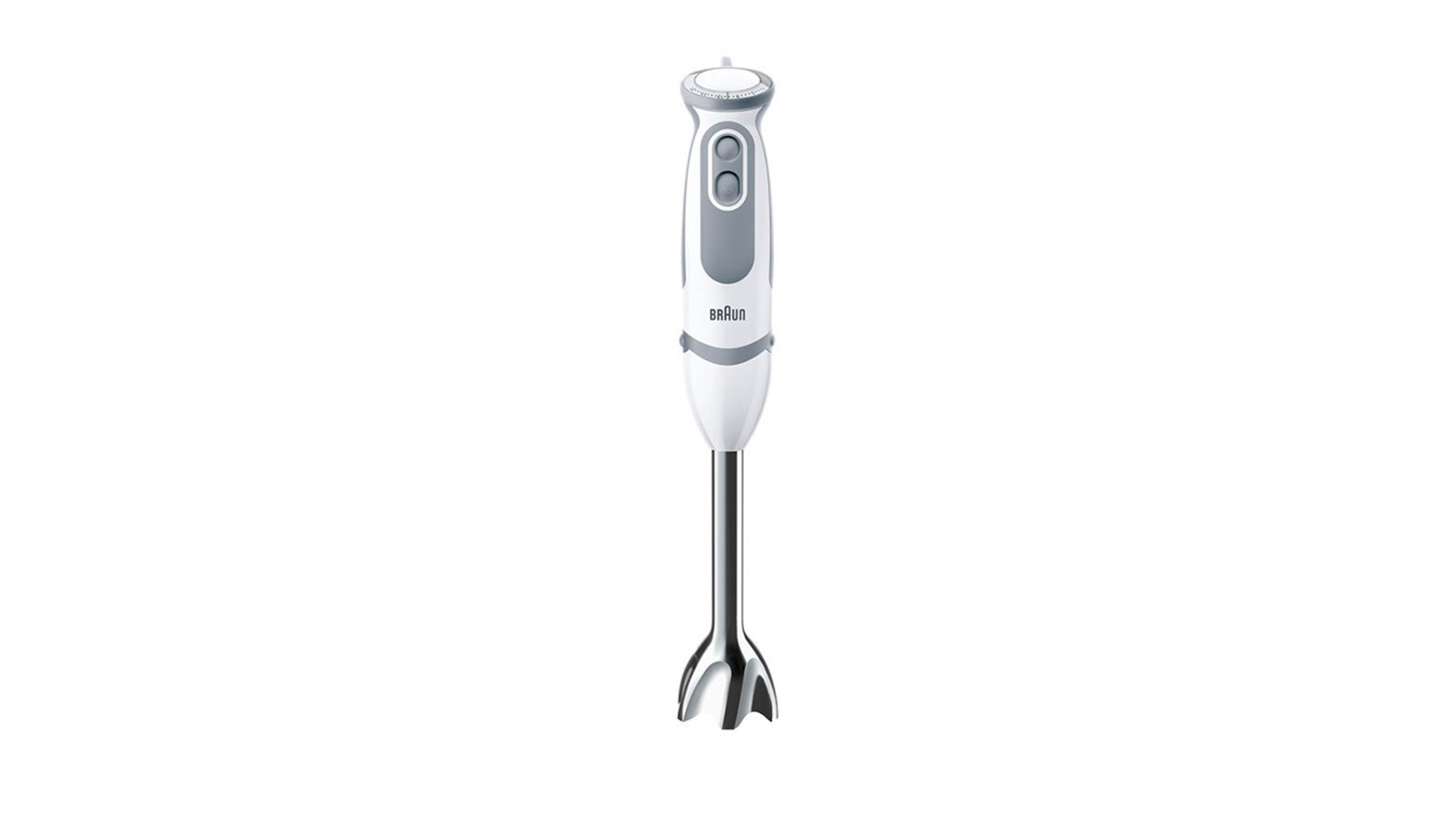 Ein weißer und grauer Handmixer auf weißem Hintergrund. Der Mixer hat eine silberne Klinge.
