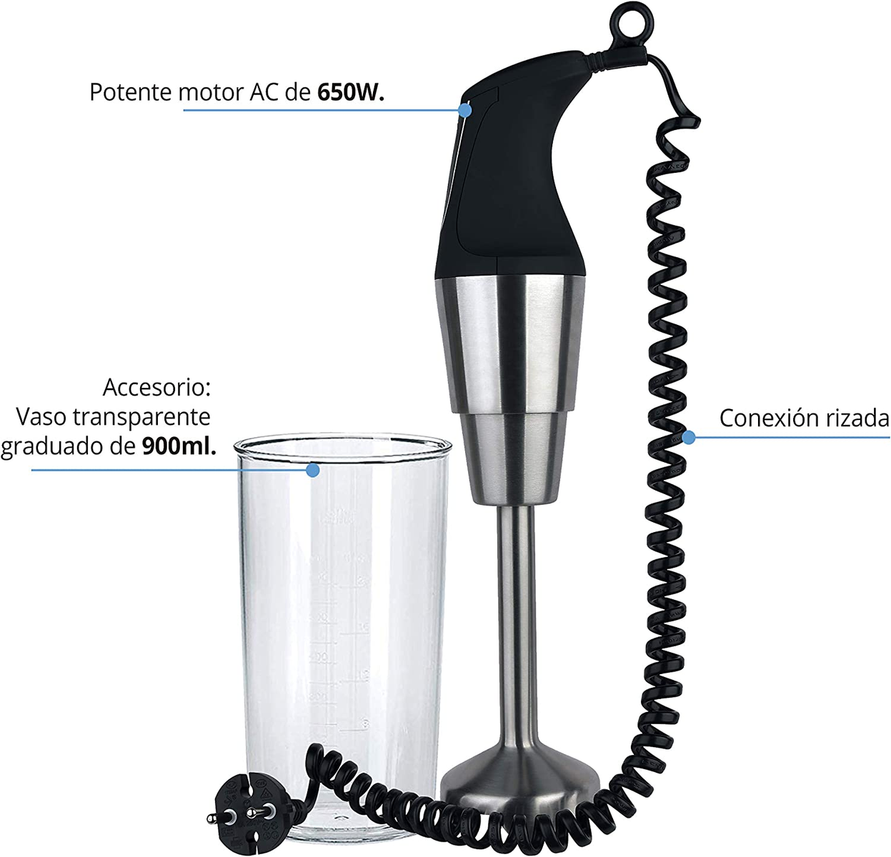 Una batidora de inmersión con un recipiente transparente y un cable en espiral.