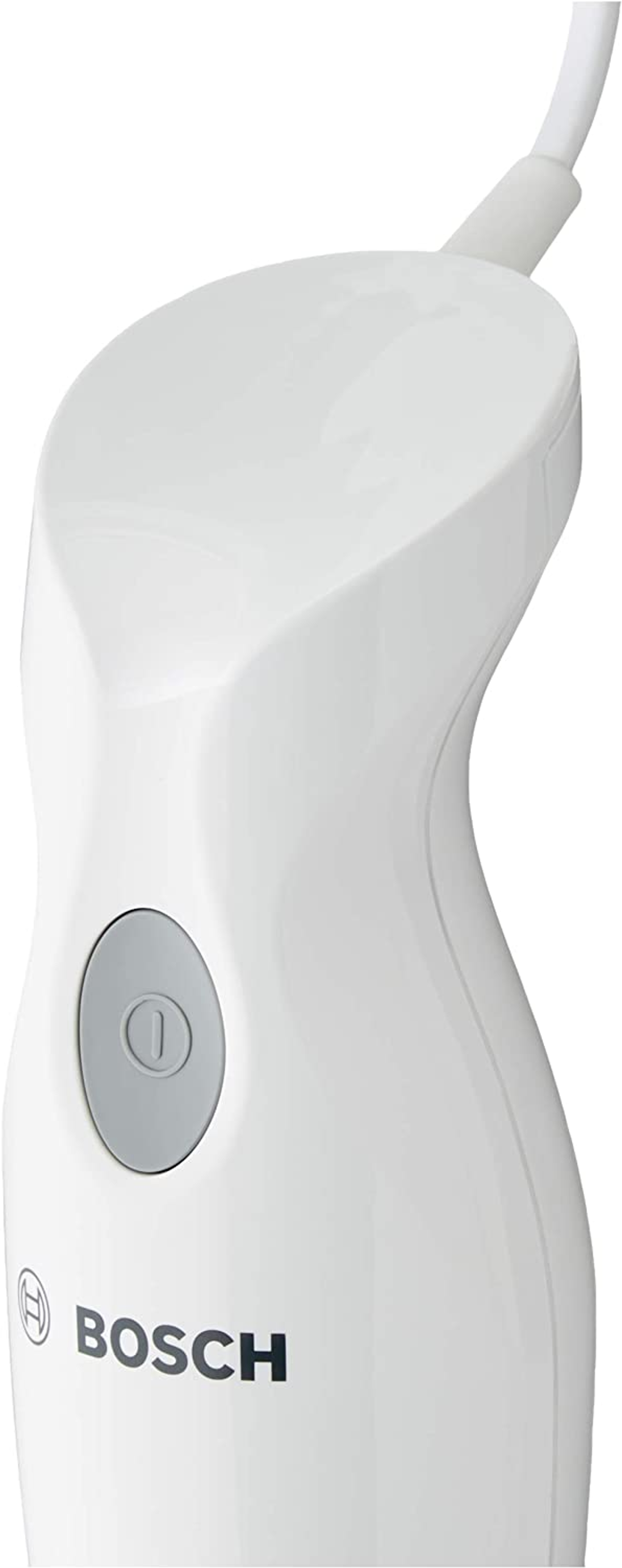 Pokazano biały uchwyt blendera ręcznego z przyciskiem zasilania. Widoczne jest logo Bosch.