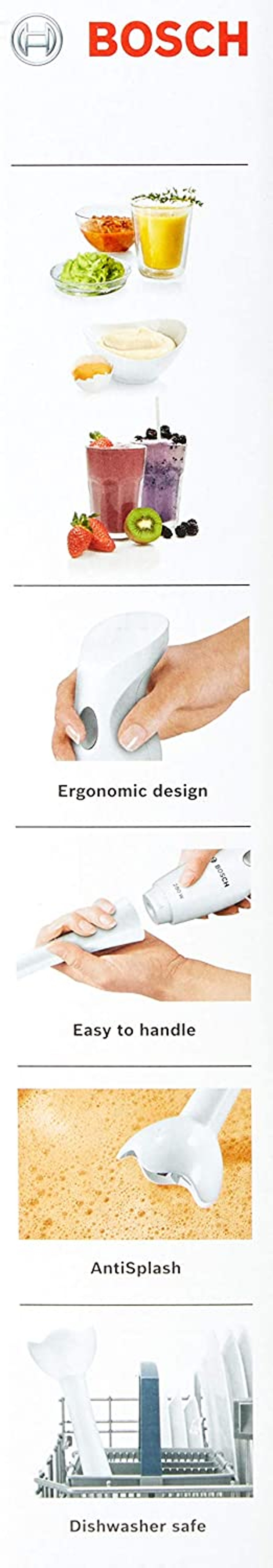 Seria zdjęć przedstawiających biały blender ręczny i jego cechy.