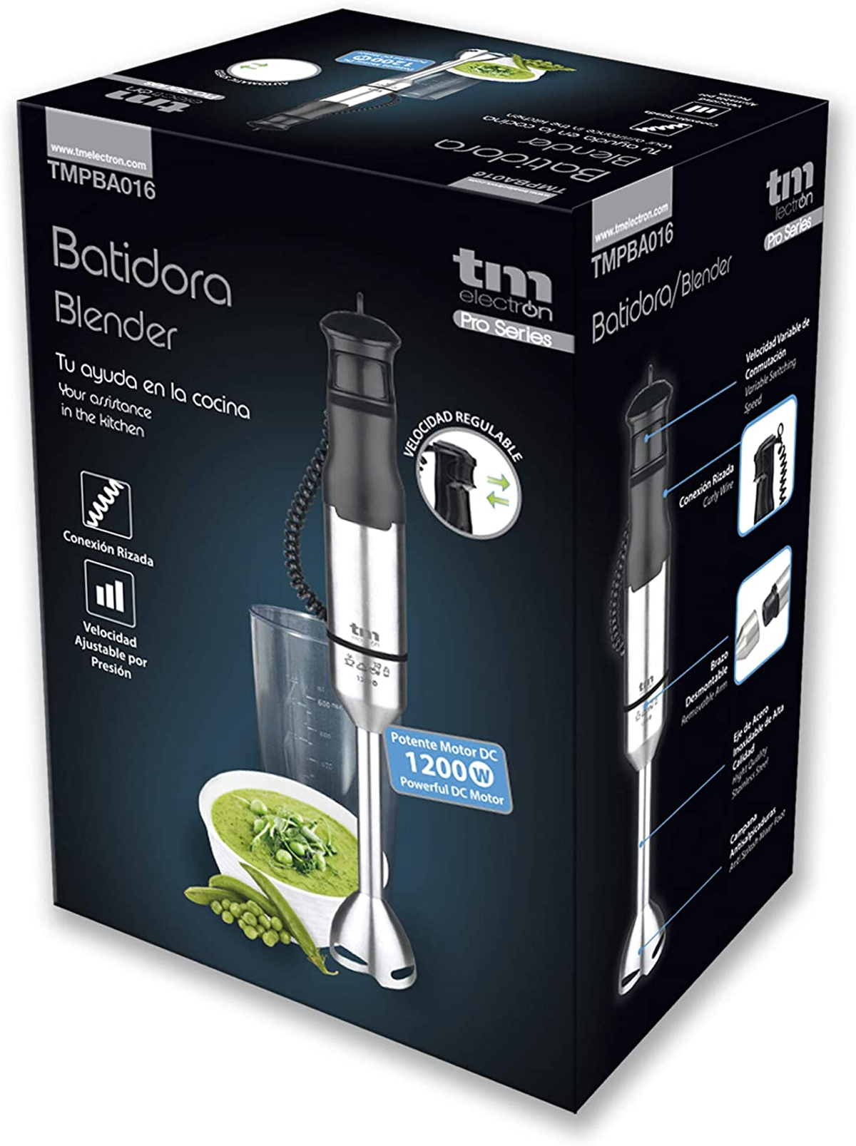 Una caja de la licuadora TM Electron Pro Series, con una licuadora blanca y sopa de guisantes verdes.