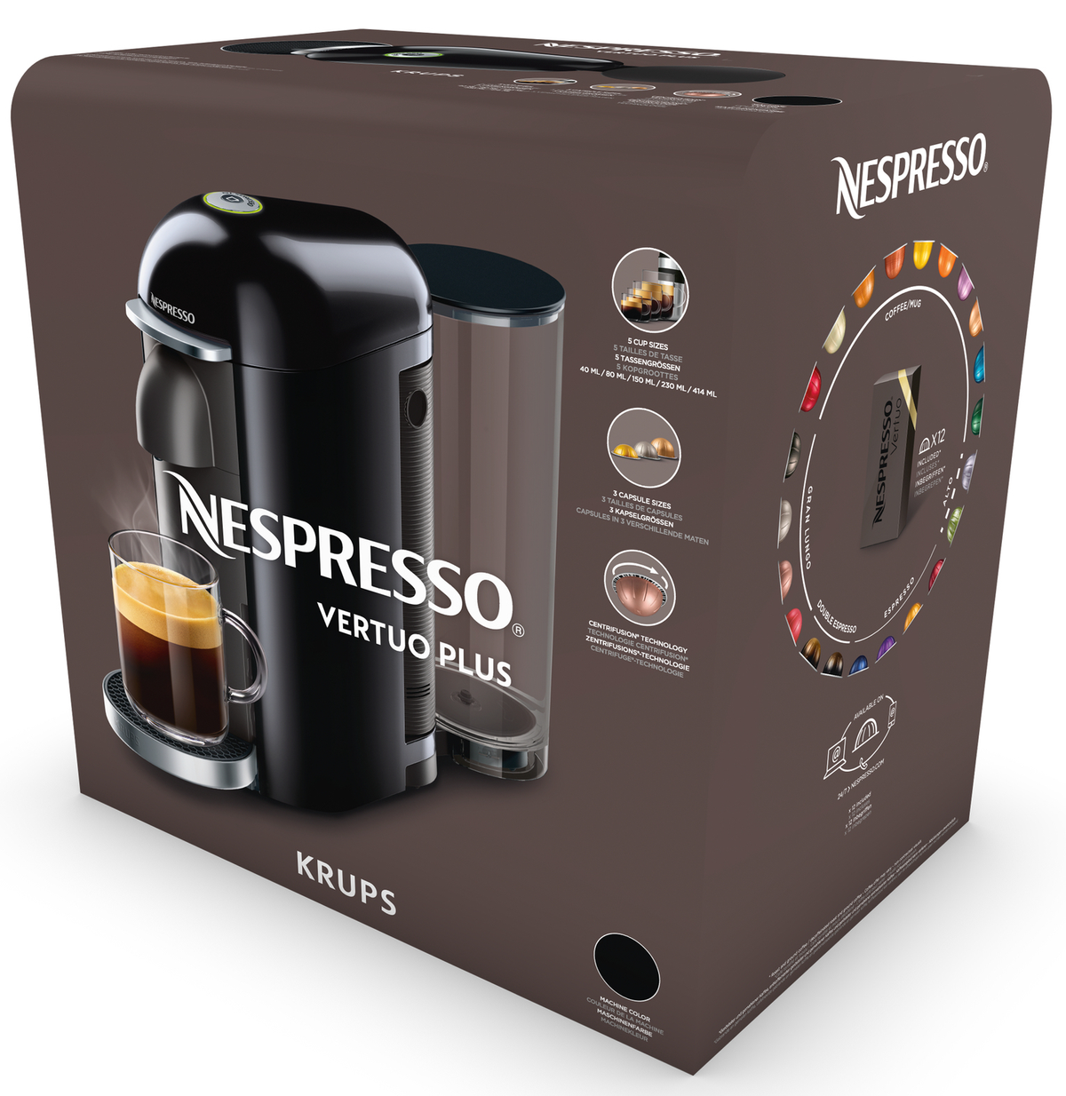 Nespresso Vertuo Plus Kaffeemaschinenbox, mit Maschine und Kapseln.