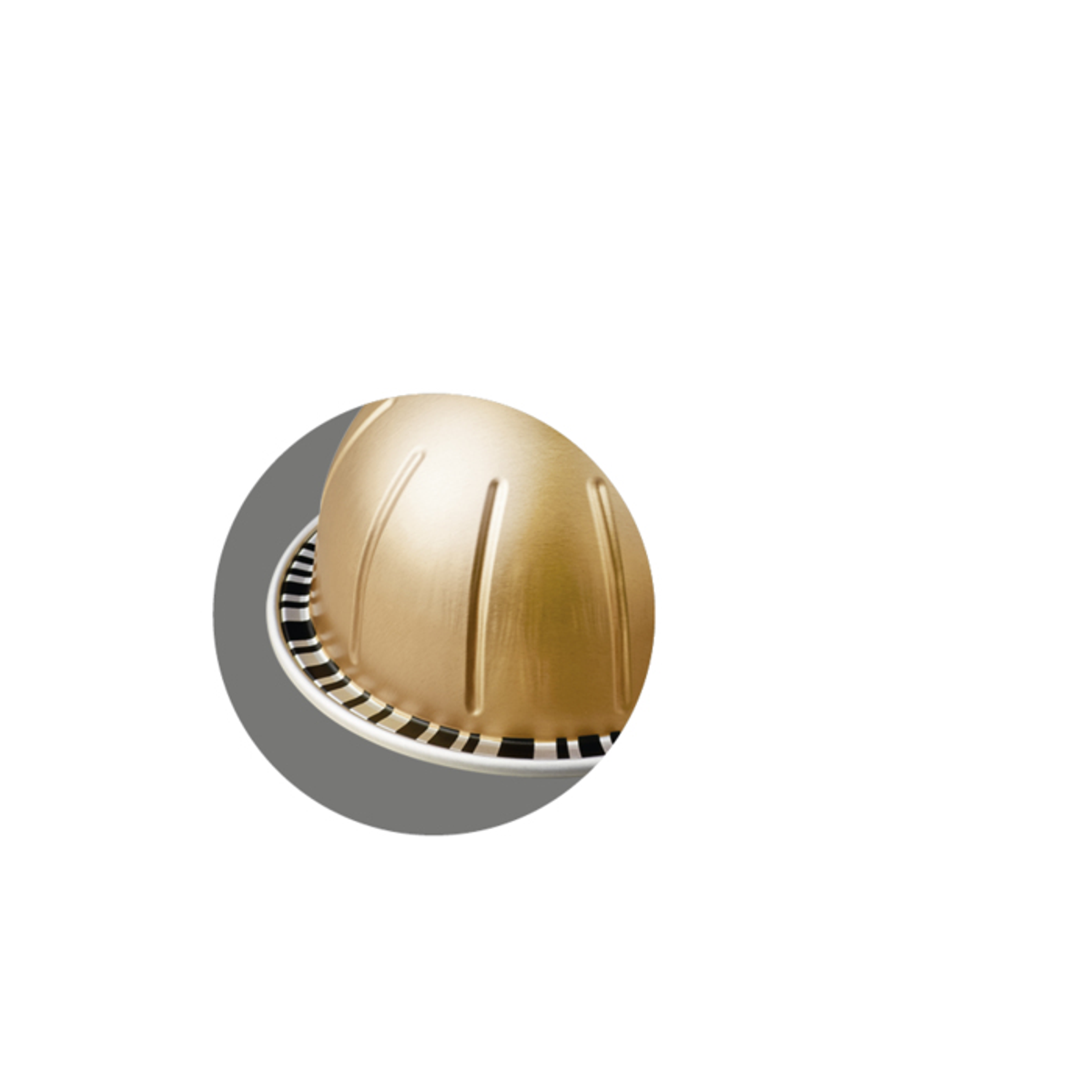 Eine goldene Nespresso-Kapsel auf einer schwarz-weißen Basis, auf weißem Hintergrund.
