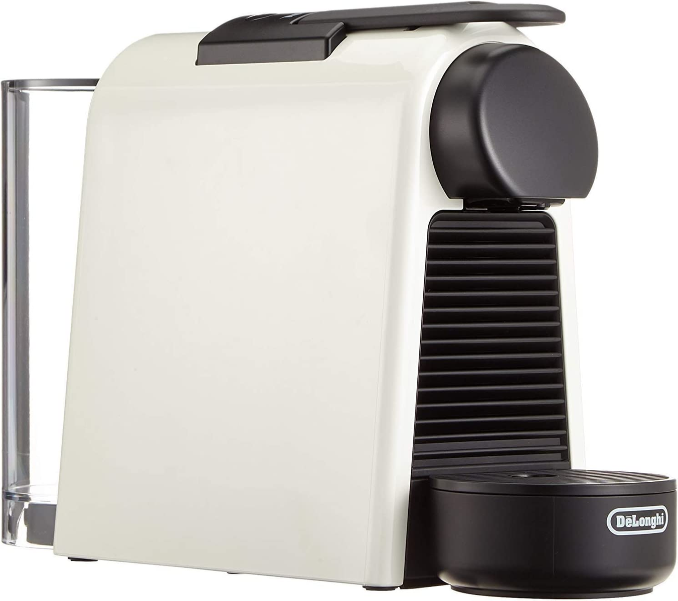 Macchina da caffè Nespresso bianca e nera, con serbatoio dell'acqua laterale.