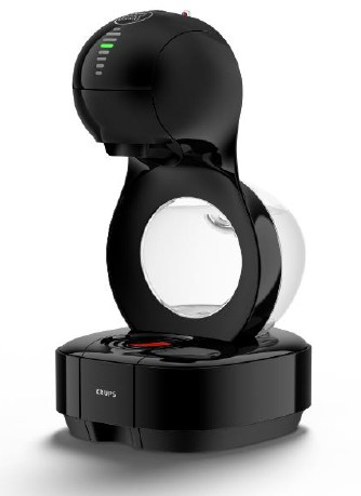 Cafetera Krups Dolce Gusto negra y plateada. Tiene un diseño circular y un depósito de agua en el lateral.