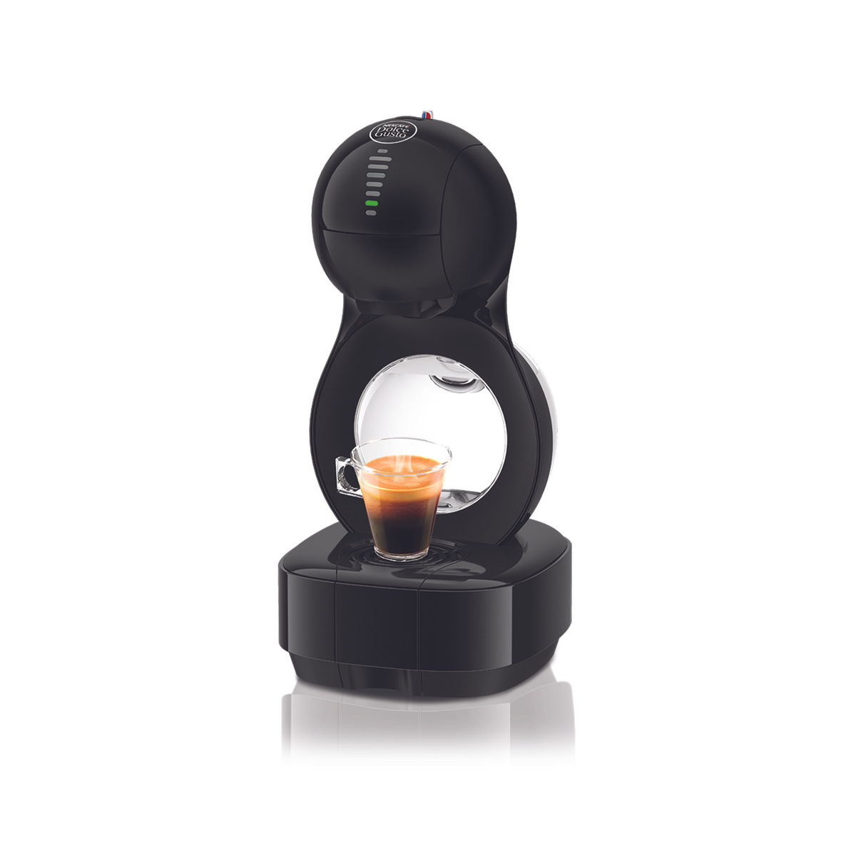 Una cafetera negra con un vaso de espresso.