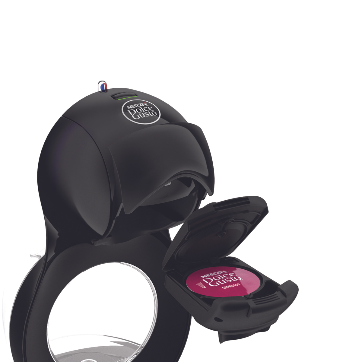 Cafetera negra con cápsula Dolce Gusto roja y compartimento de cápsulas abierto.