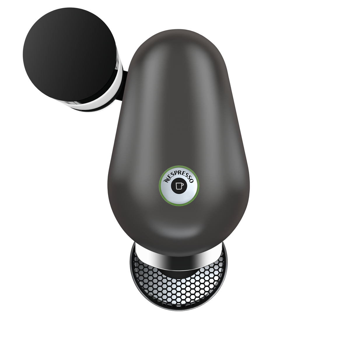 Schwarze und graue Nespresso-Kaffeemaschine von oben.