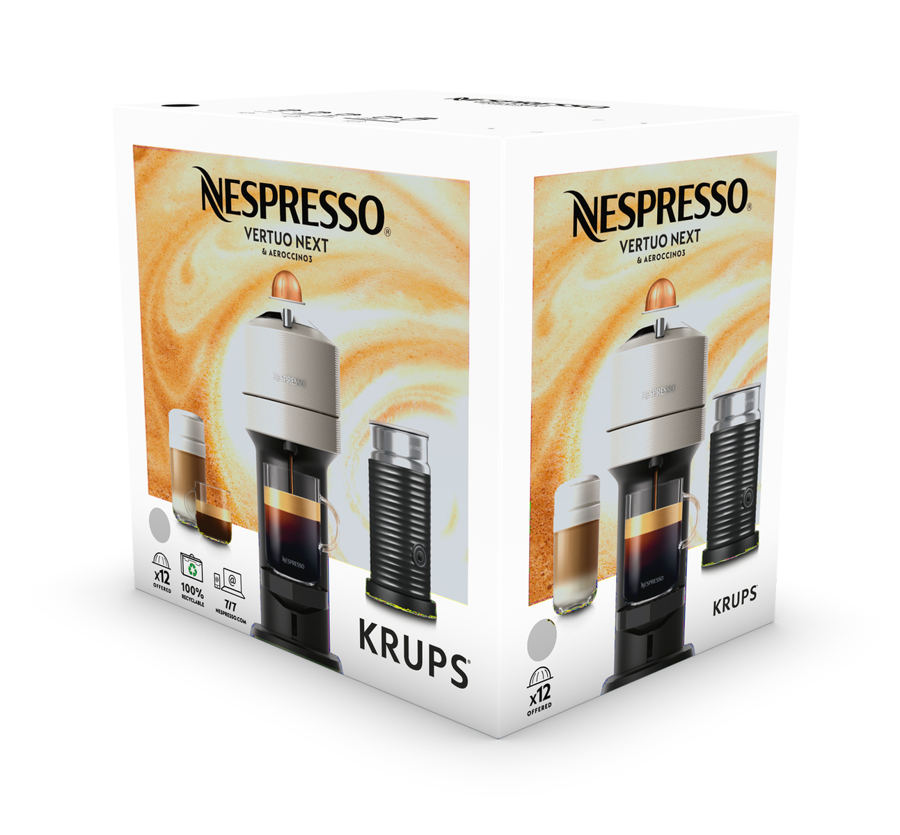 Eine Nespresso Vertuo Next Maschine in einer Box. Zwei Kaffeegläser und Kapseln sind sichtbar. Der Hintergrund ist weiß.