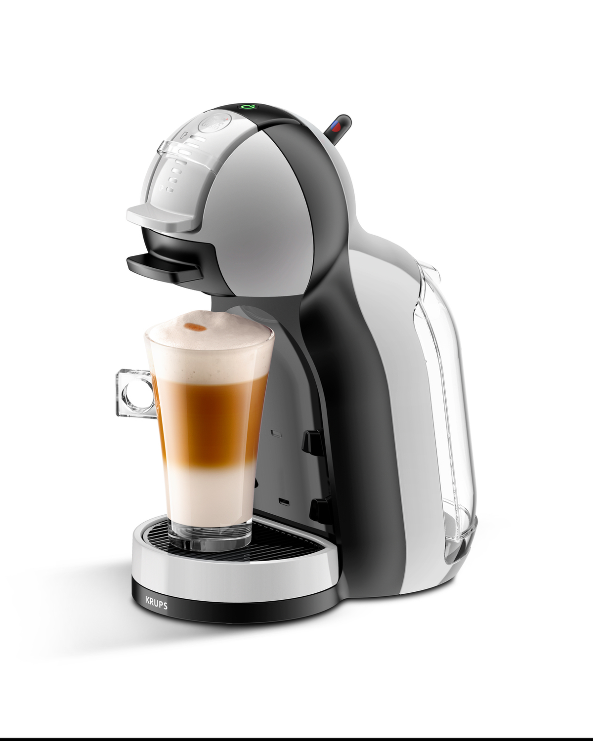 Una macchina da caffè Krups bianca e grigia con un bicchiere di latte. Il bicchiere è pieno di caffè.