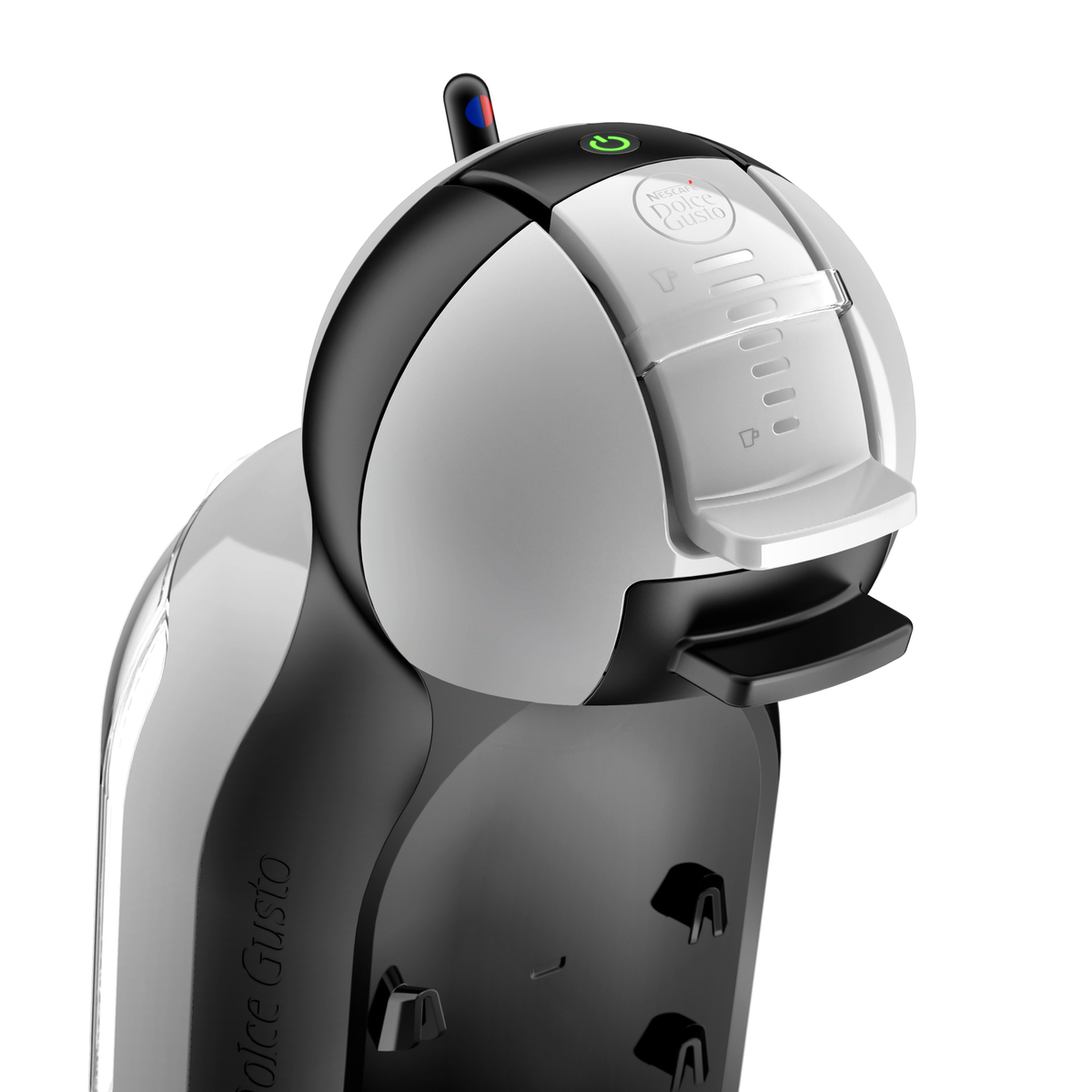 Primo piano di una macchina da caffè Dolce Gusto in bianco e nero, su sfondo bianco.
