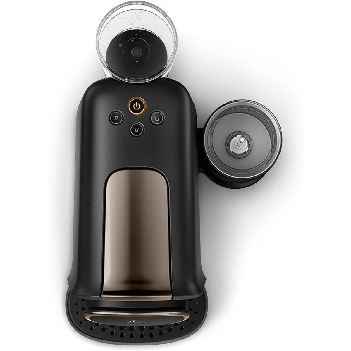 Cafetera negra con depósito de agua transparente y contenedor de granos de café arriba.