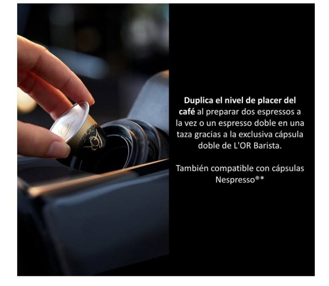 Mano sosteniendo una cápsula de café cerca de una cafetera. Texto menciona espresso doble y cápsulas compatibles.