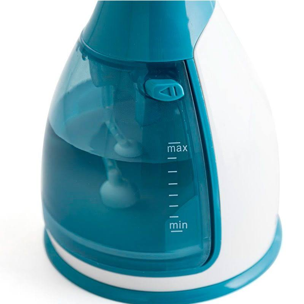 Un vaporizzatore per indumenti portatile turchese e bianco con un indicatore del livello dell'acqua sul lato.