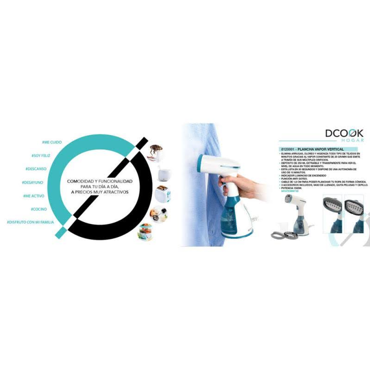 Infografica con testo e immagini sulla vita quotidiana, con un vaporizzatore per vestiti al centro.