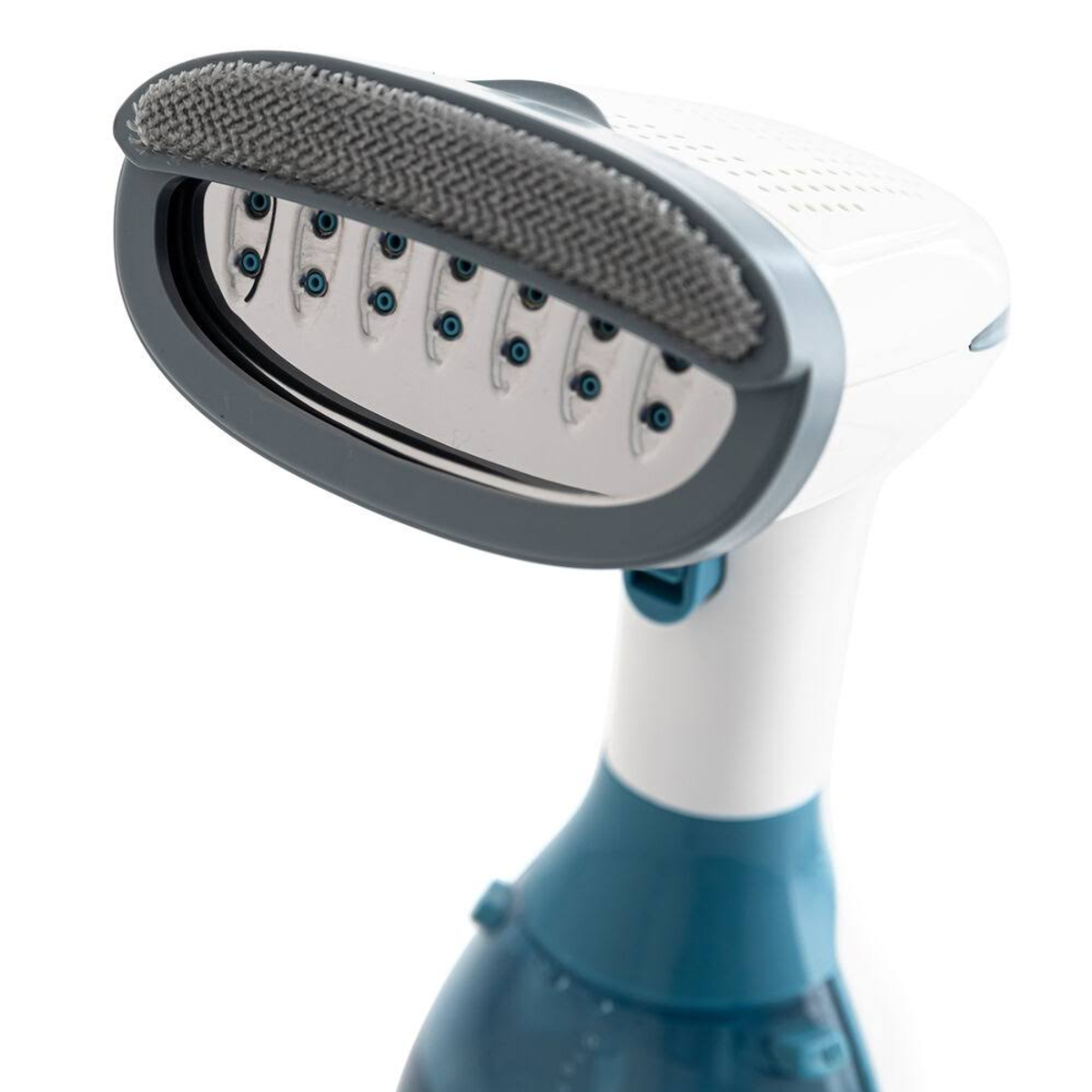 Vaporizzatore per indumenti portatile, bianco e blu con testa grigia, sfondo bianco.