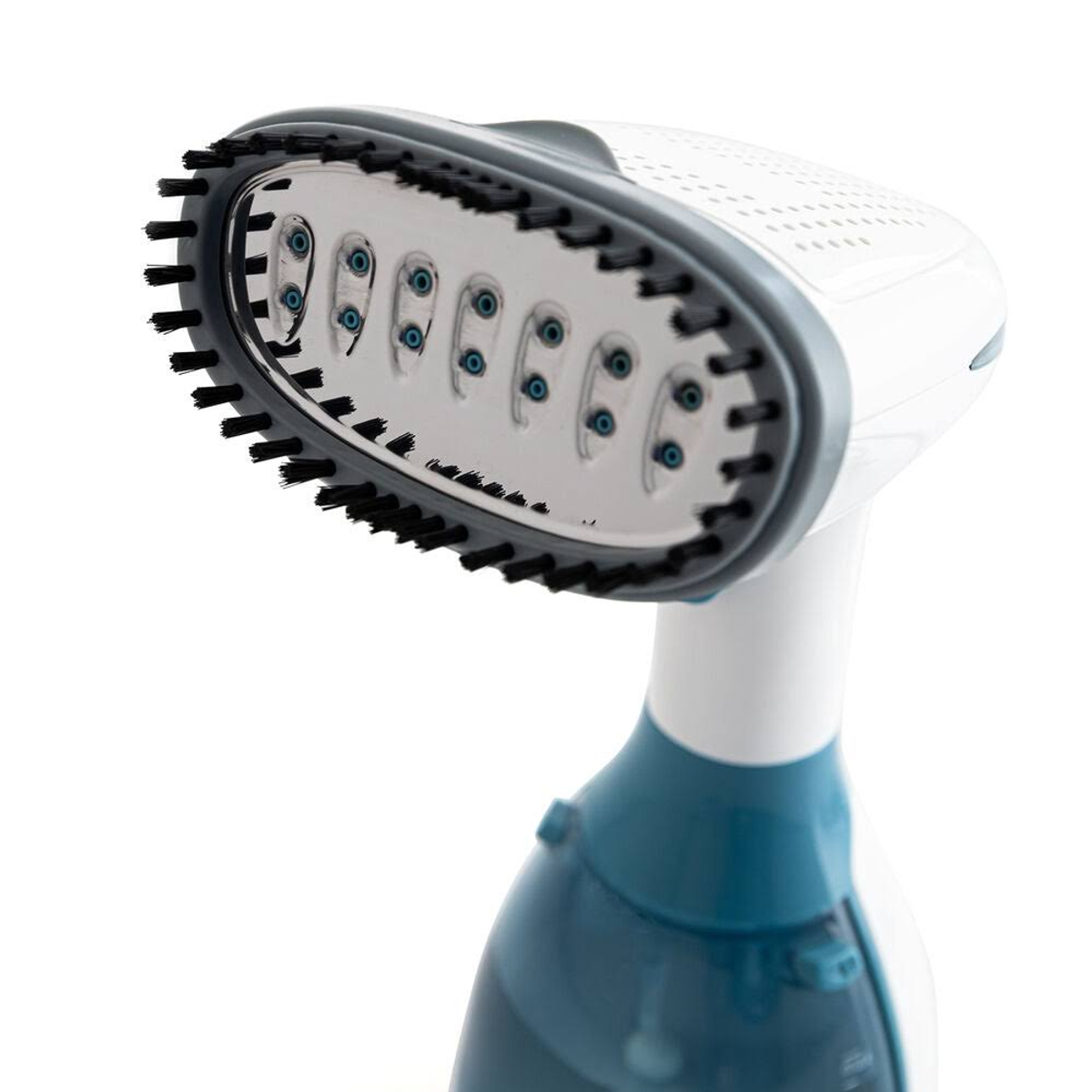 Un vaporizzatore per indumenti bianco e blu con testina a spazzola, su sfondo bianco. Il design è moderno.