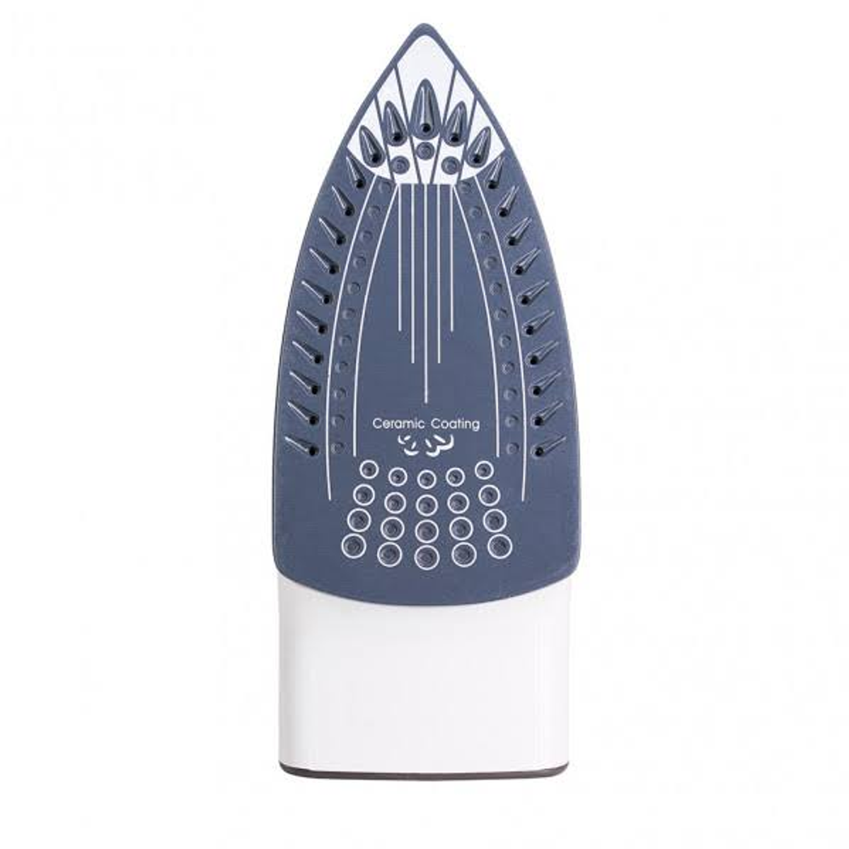 Niebieska stopa żelazka z białą podstawą. Ma otwory wentylacyjne i szczegół powłoki ceramicznej.