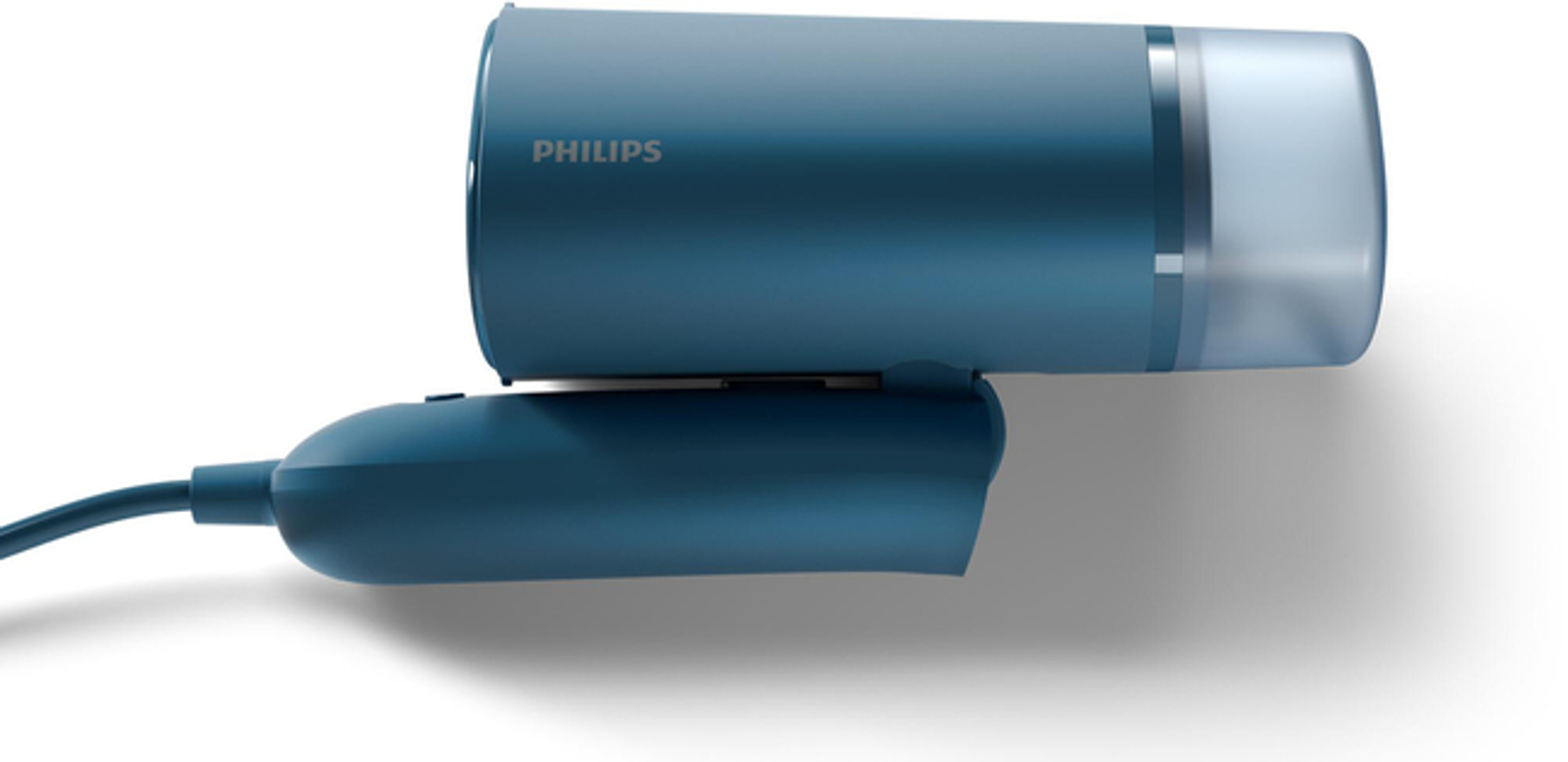Secador de pelo Philips azul. Cilíndrico con un acento plateado y boquilla transparente.