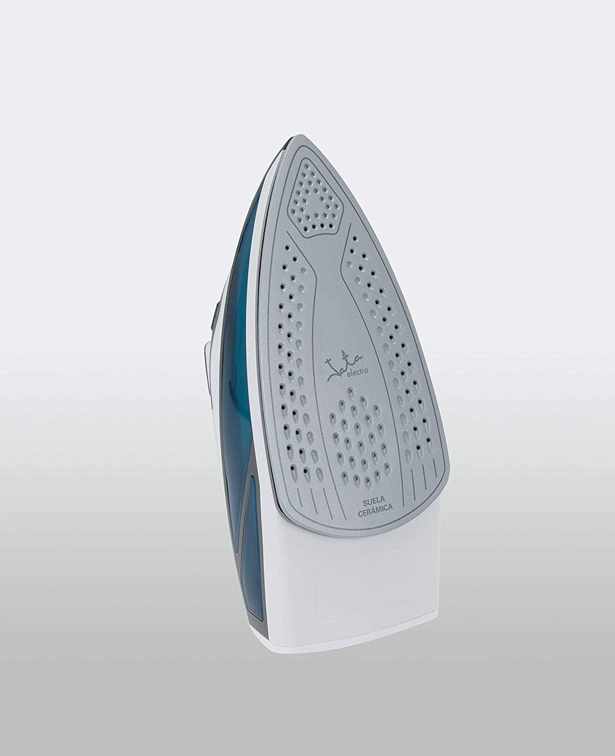 Suela de plancha. Es gris, con un cuerpo azul y blanco. La suela tiene agujeros.