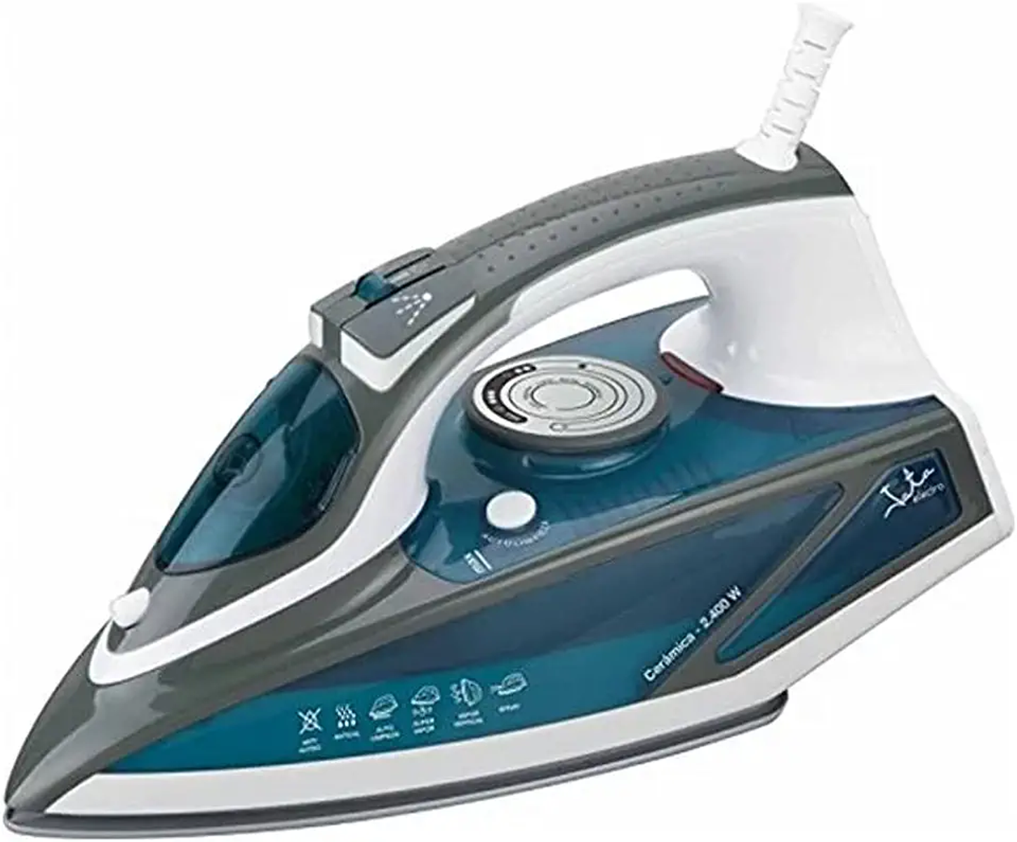 Plancha con un diseño azul y gris. Tiene un mango blanco y un compartimento para agua.