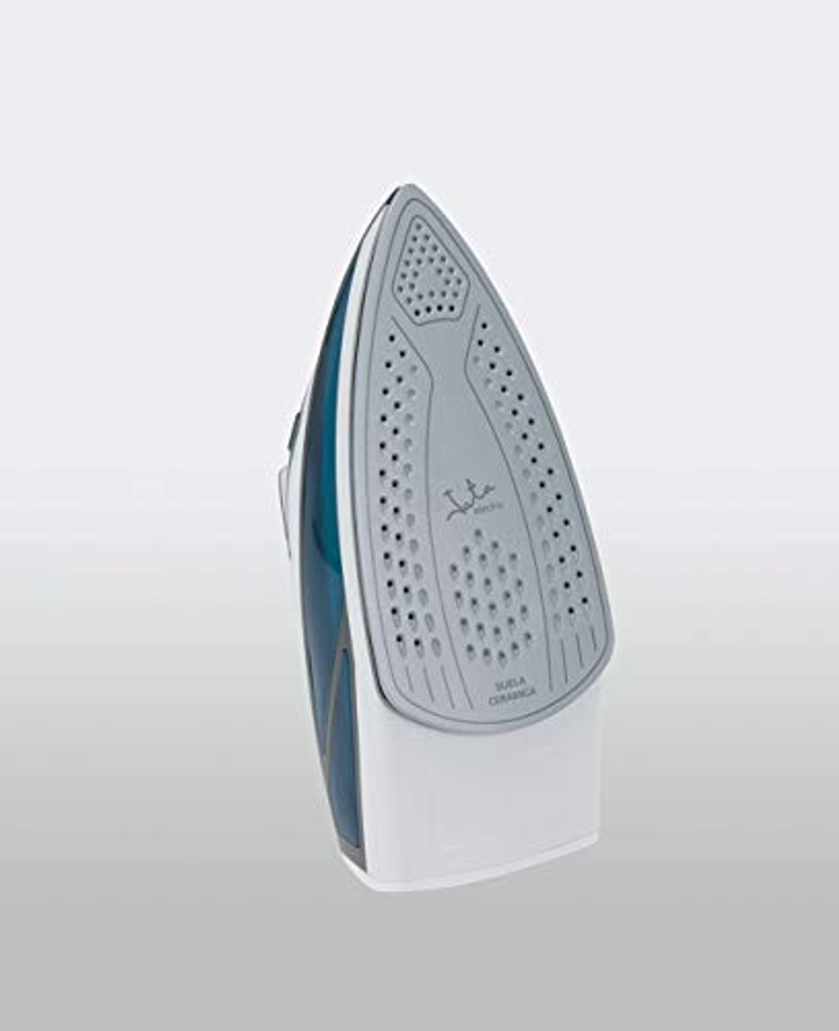 Plancha Jata blanca y azul. Fondo blanco. Perforaciones visibles.