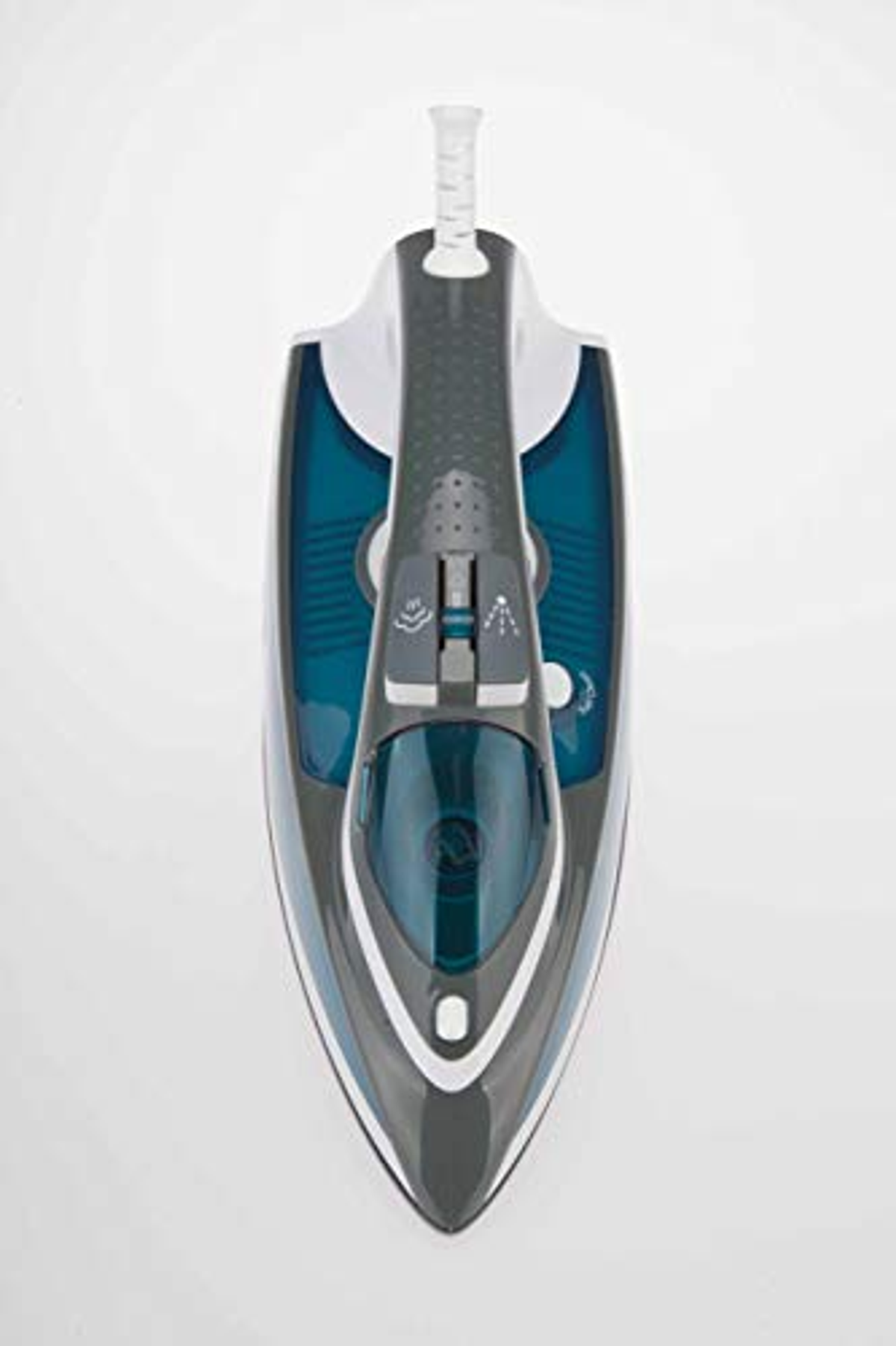 Vista superior de una plancha turquesa y gris sobre una superficie blanca, con controles de agua y vapor.