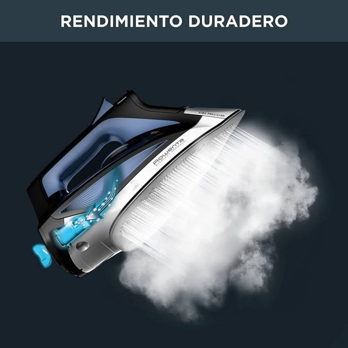 Bügeleisen mit Dampf, blau und schwarz, mit dem Text: Rendimiento Duradero.