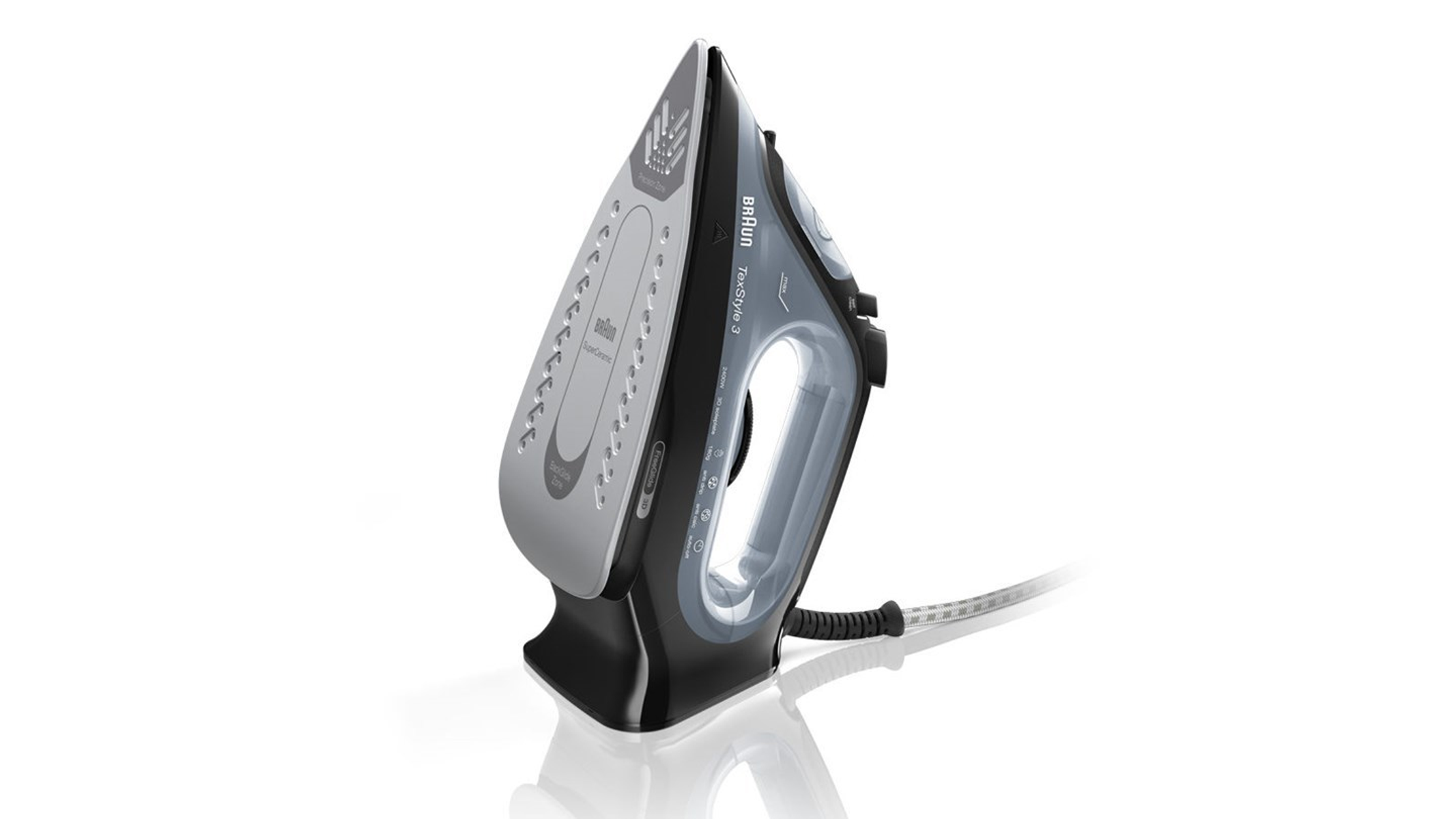 Czarne i szare żelazko z szarą podstawą i białym tłem. Marka Braun.