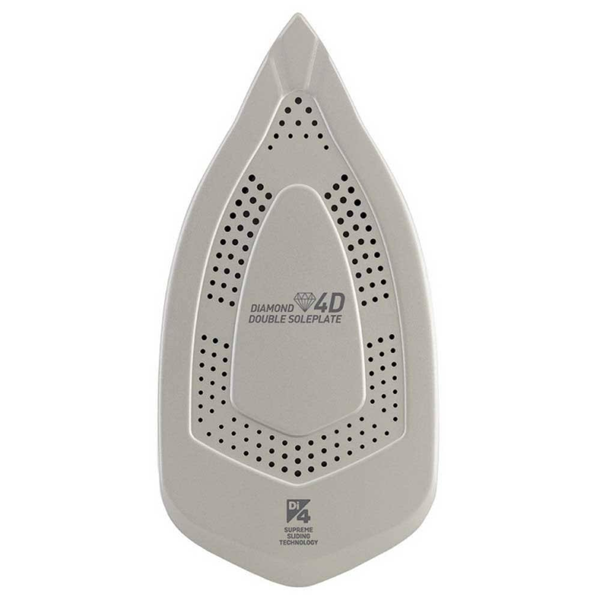 La suela de una plancha con agujeros. El diseño es en forma de diamante y tiene un logotipo de marca.