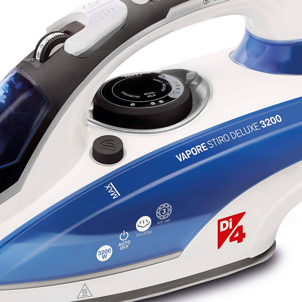 Primer plano de plancha blanca y azul. Tiene un dial con opciones de tejido.