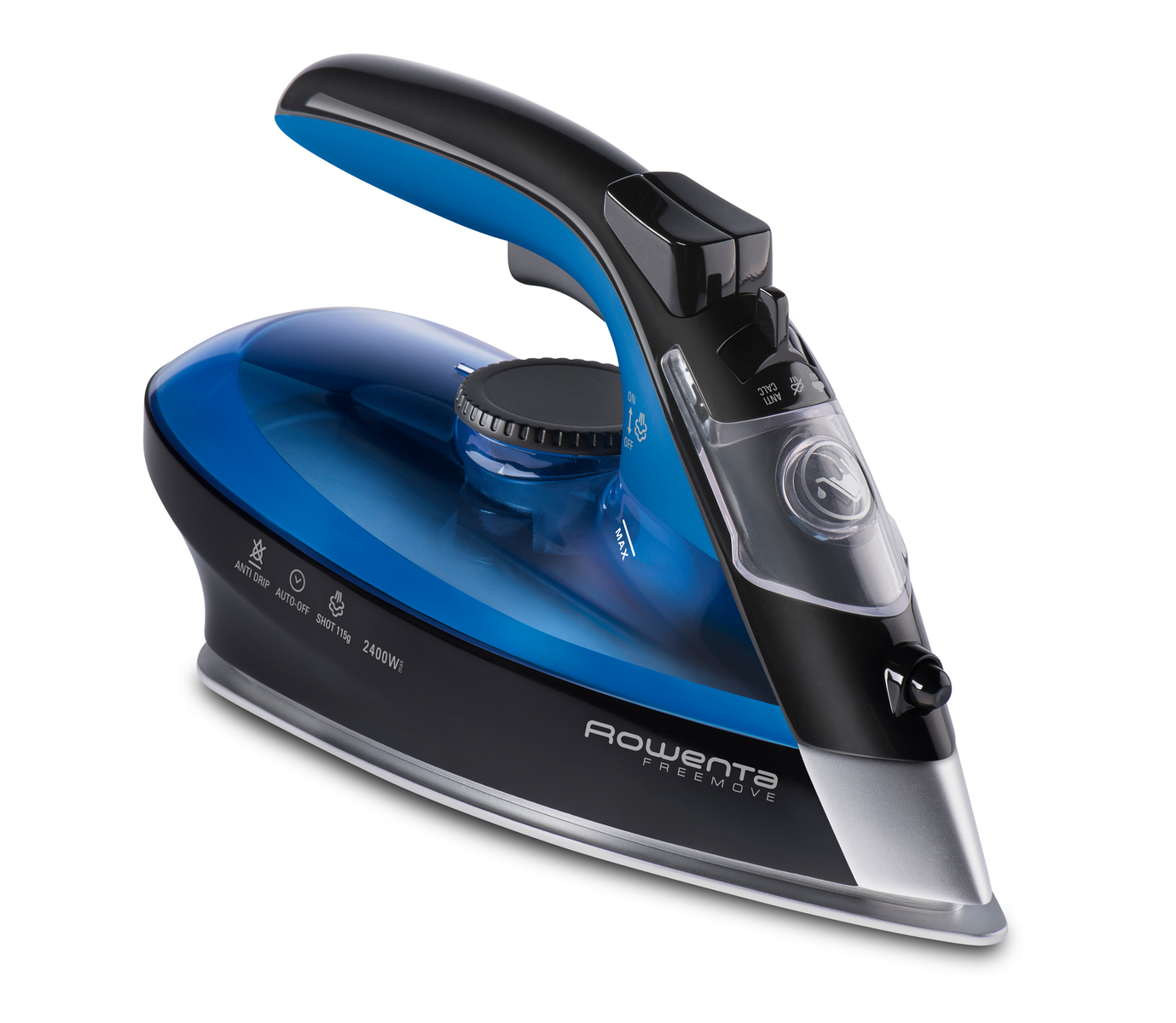 Niebiesko-czarne żelazko z niebieskim zbiornikiem na wodę. Żelazko na białym tle.