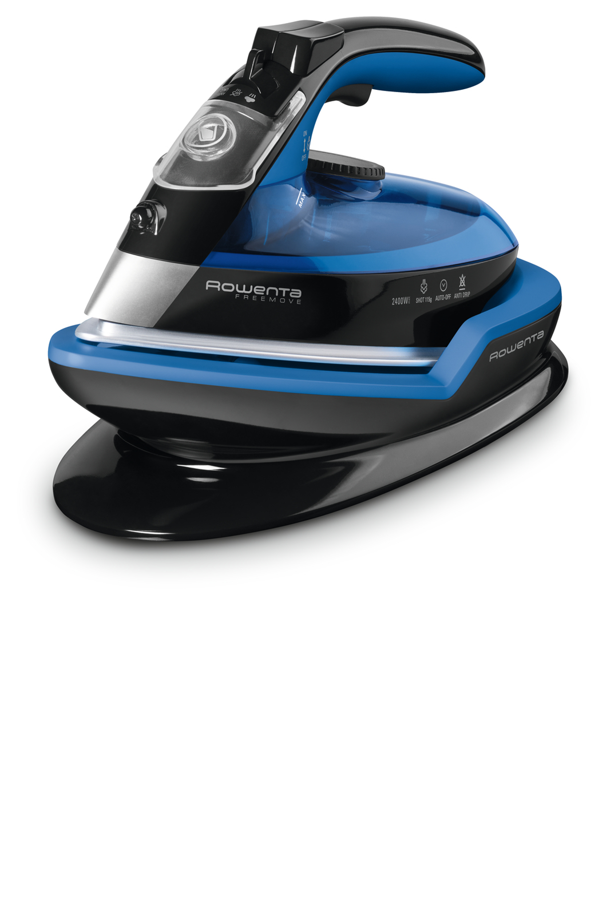 Czarne, niebieskie i srebrne żelazko na czarno-niebieskiej podstawie, odizolowane na białym tle.